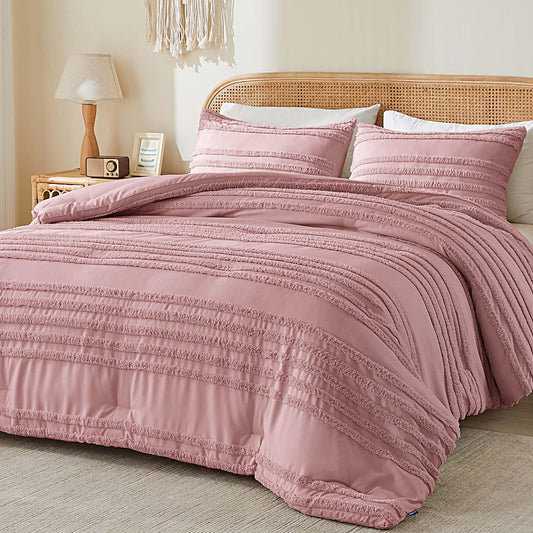 BEDELITE Boho Comforter Set Queen Size, Dusty Pink Tufted Striped Bed Set 3 Pieces, Soft Vintage Farmhouse Comforter for All Seasons, Boho Home Decor,Fluffy Jacquard Bedding with 2 Pillow Shams