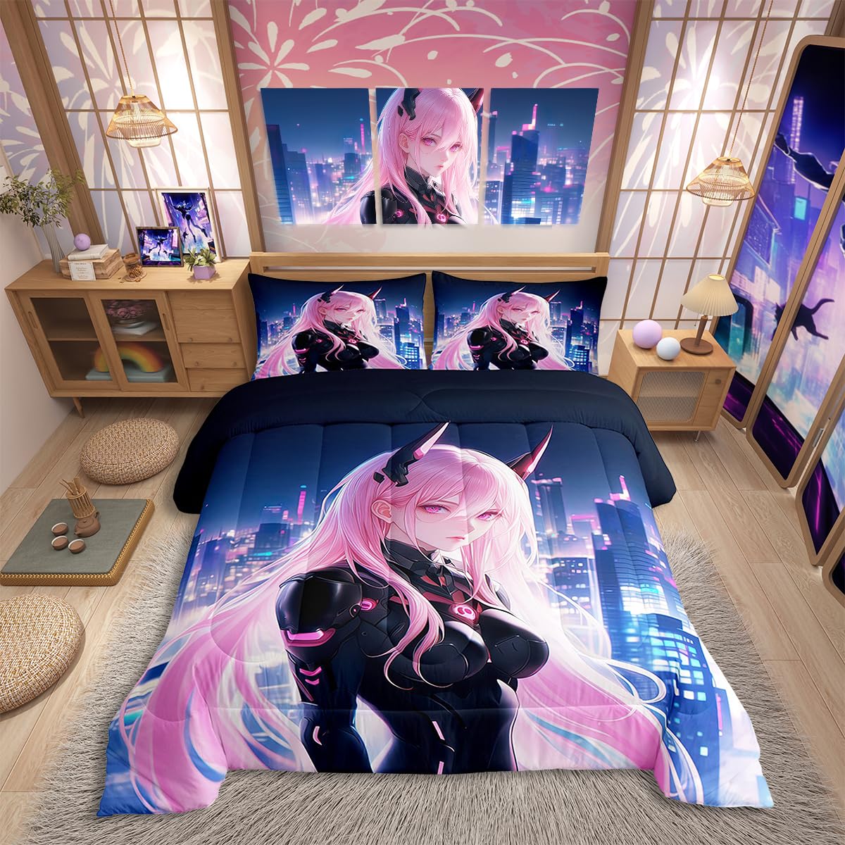 Erosebridal Japanese Anime Comforter Set Twin Size, Anime Girl Bedding Set Kawaii Japanese Style Quilt Cartoon Japan Animation Duvet Insert for Boys Teens Adult Women Bedroom Decor