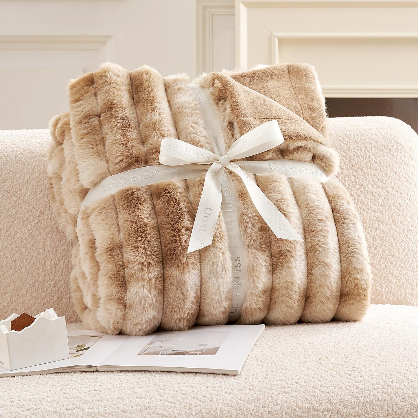Cozy Bliss Faux Fur Throw Blanket for Couch, Cozy Warm Plush Striped Blanket for Sofa Bedroom Living Room, 50 * 60 Inches Tie-dye Khaki