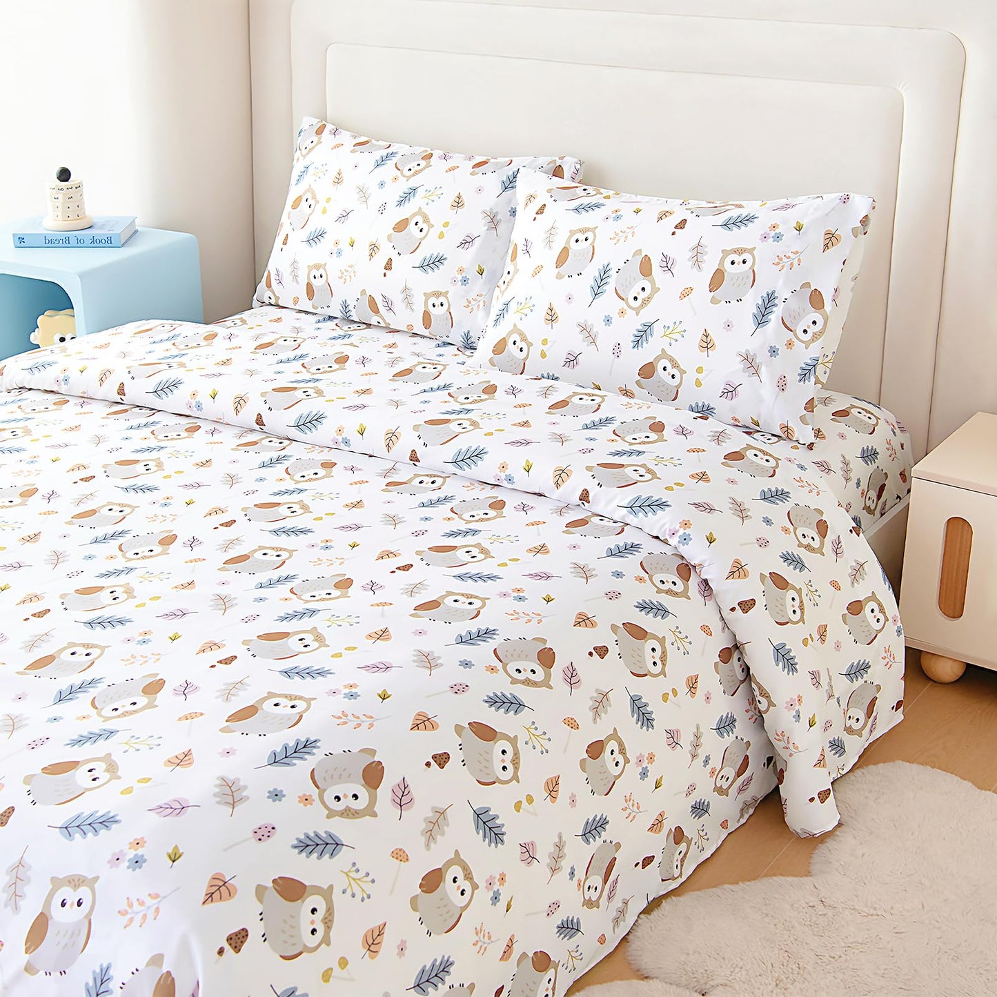 MICORAL Kids Twin Sheet Set, 3 Pieces Sheets for Boys & Girls, Soft Printed Microfiber Bed Sheets, Deep Pocket Cozy Toddler Bedding Set, Owl (White)