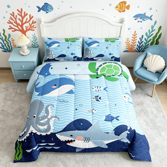 Homewish Shark and Whale Comforter Set,Cartoon Sea Animal Bedding Set for Kids Girls Women,Adults Octopus Turtle Comforter,Underwater World Quilted Duvet Set Bedroom Collection Twin Size 2Pcs