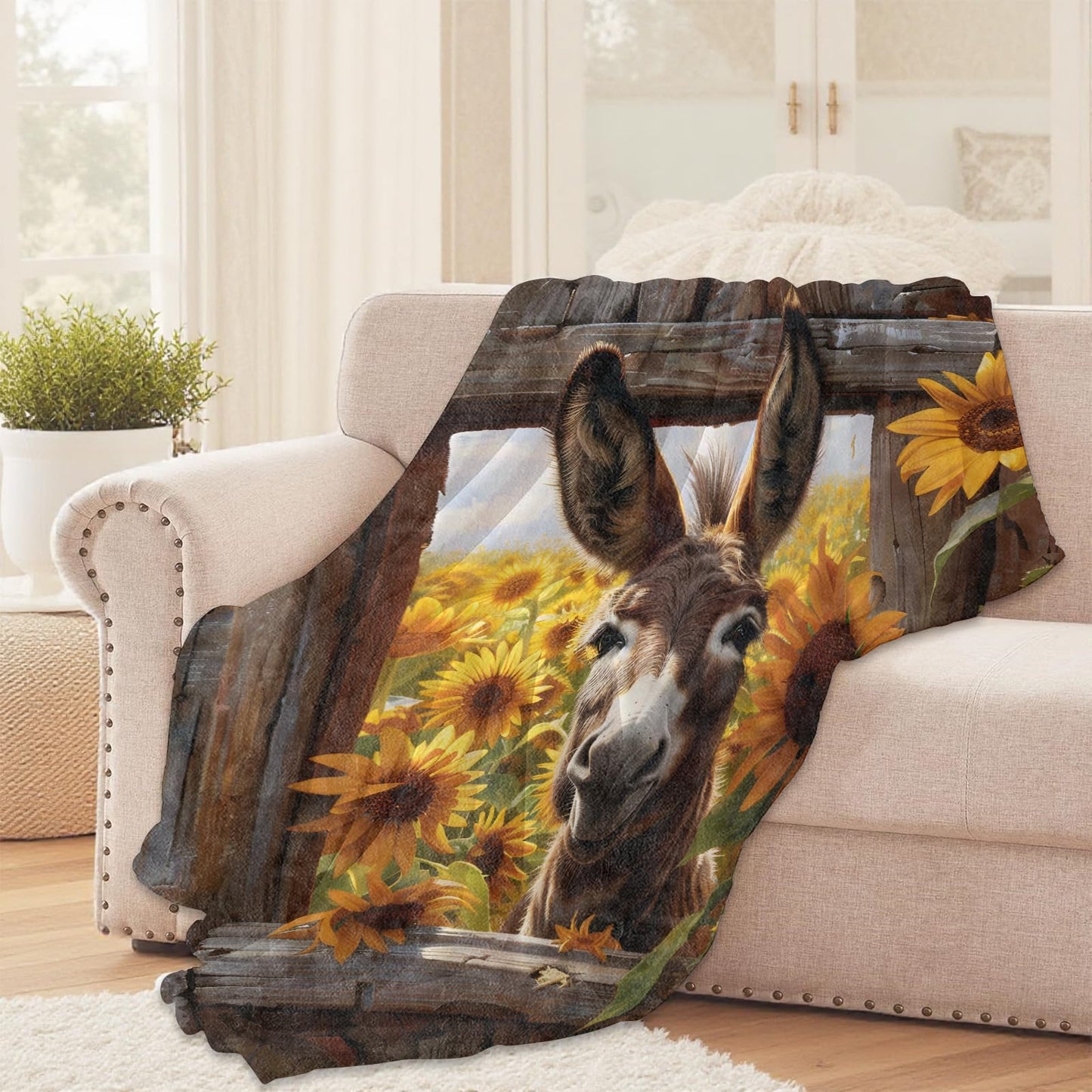 Donkey and Sunflower Throw Blanket for Girls Boys Kids Adults, 50x60 in, Cozy Flannel Blanket for Bedroom, Camping, Couch, Room Decor, Fuzzy Warm Soft Gifts