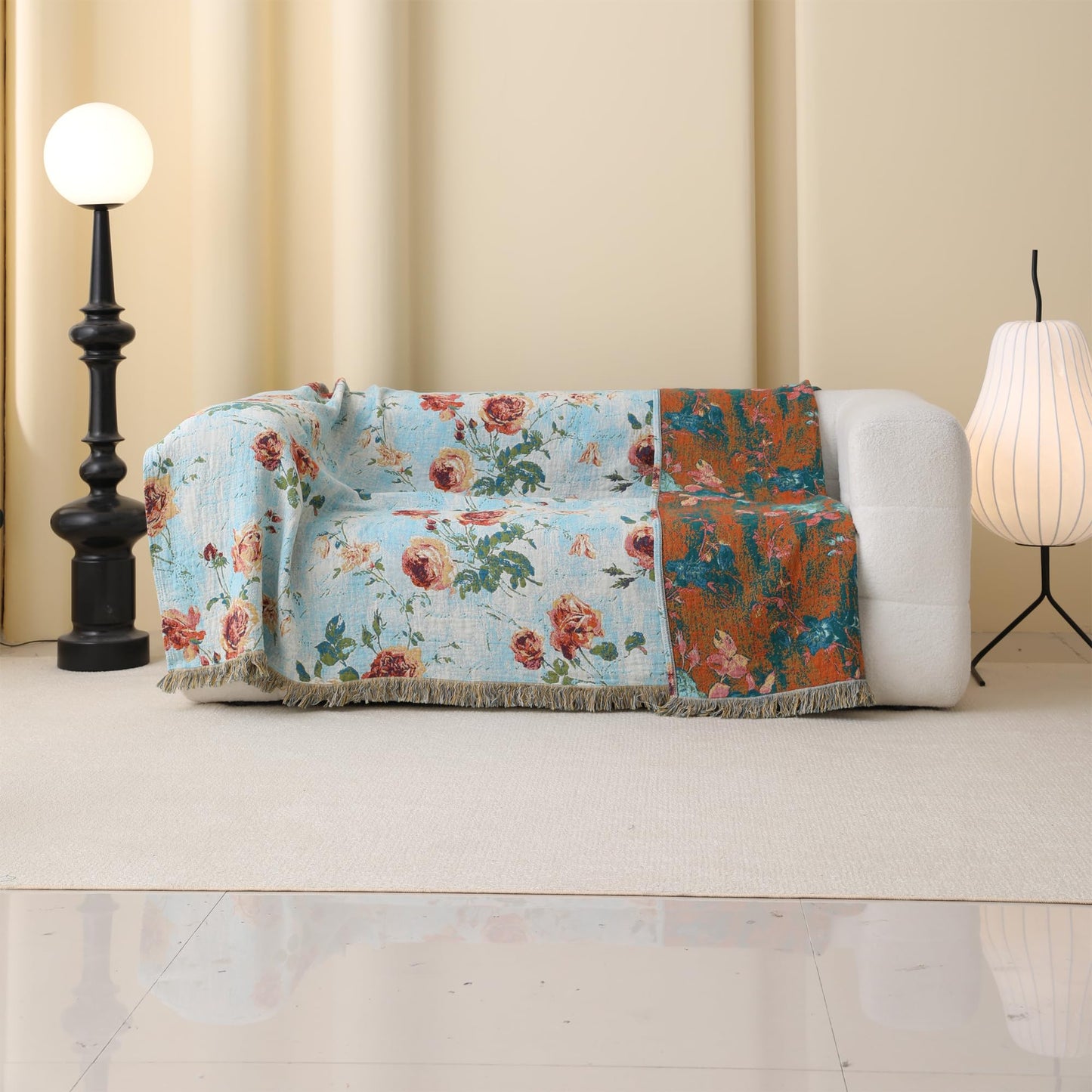 BRYALIX 100% Cotton Muslin Floral Throw Blanket, Blue with Rose Pattern, Lightweight Quilt, Boho Farmhouse Decorative Fringed Reversible Jacquard Throw for Home, Picnic, Travel, 60"x80"
