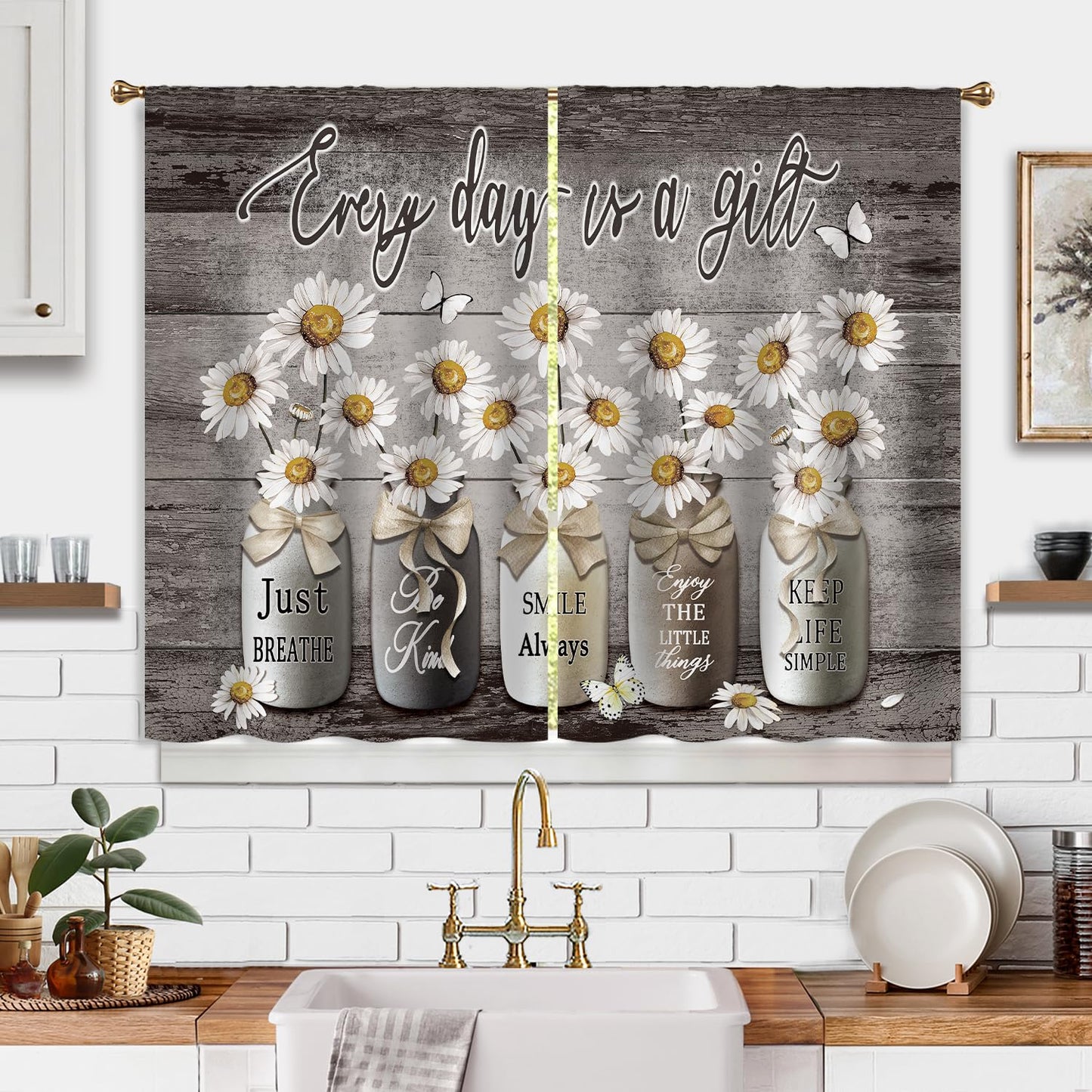 Cizuug Farmhouse Daisy Kitchen CurtainsRustic Vintage Flower Inspirational Small Short Cafe Window Curtains Wooden Country Quotes Bathroom Tier Window Treatment Drapes 2 Panels
