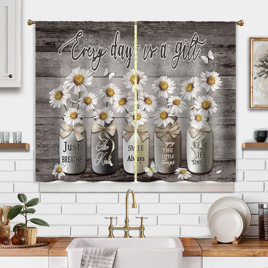 Cizuug Farmhouse Daisy Kitchen CurtainsRustic Vintage Flower Inspirational Small Short Cafe Window Curtains Wooden Country Quotes Bathroom Tier Window Treatment Drapes 2 Panels