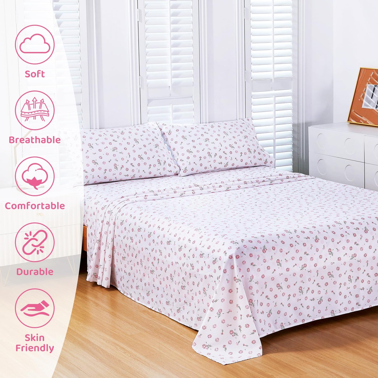 Mooreeke Cozy Vintage Microfiber Printed Floral Queen Sheet Set - Soft & Breathable Pink Daisy Bed Sheets with Extra Deep Pocket - Non-Slip Fitted Design - Daisy Pattern - Queen