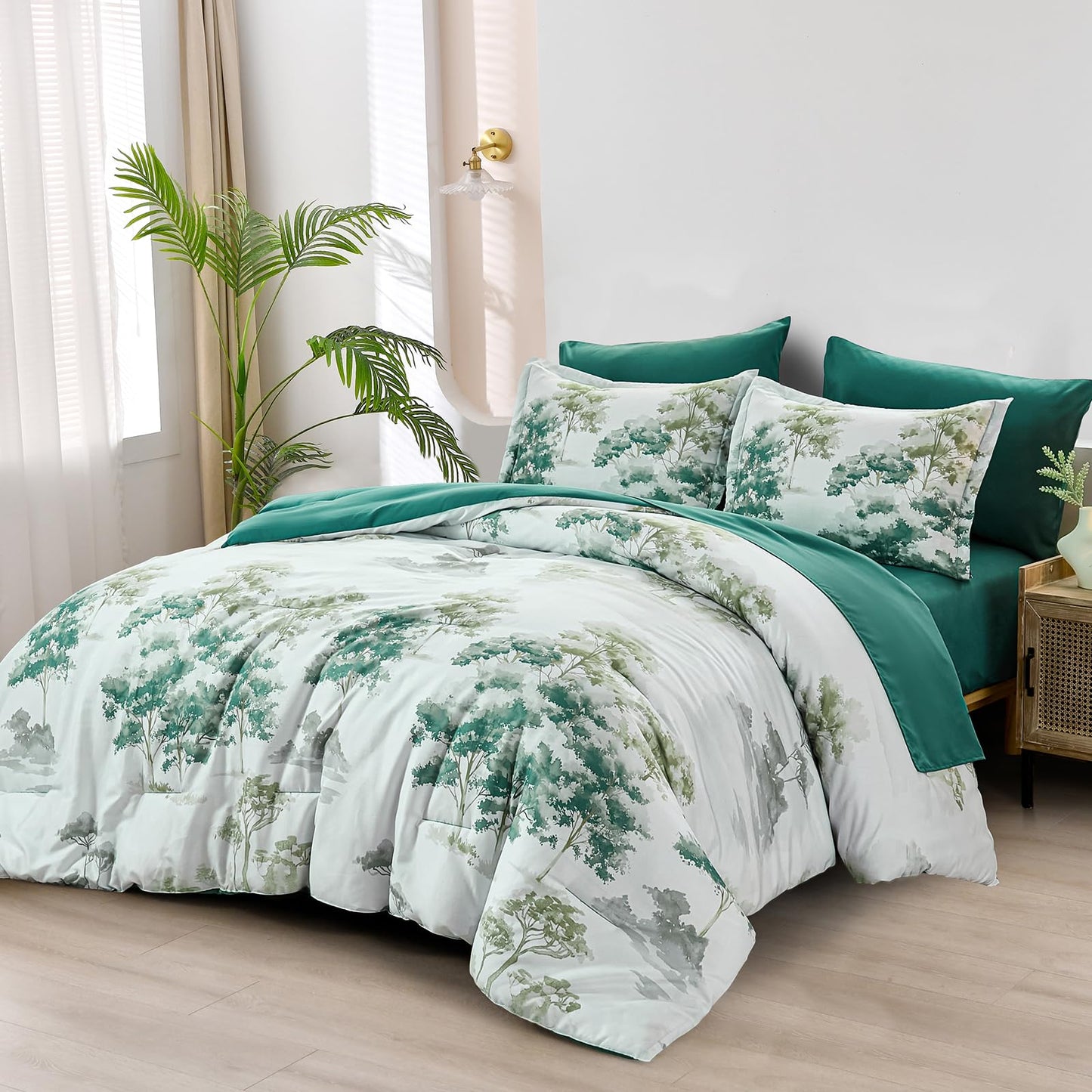 Dinjoy Queen Comforter Set, 7 Piece Comforter Set Queen, White Queen Size Bed Sets, Queen Sheet Set with Comforter, Flower Bedding Sets with Comforter, Fitted & Flat Sheets, Pillowcases & Pillow Shams