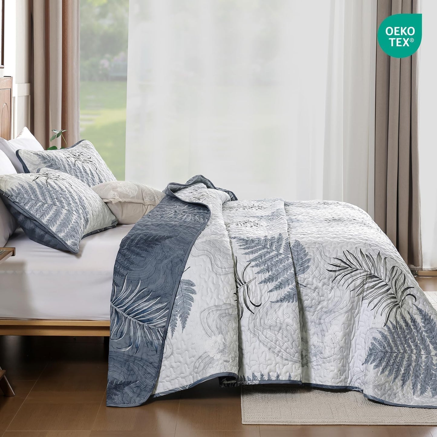 Dinjoy Blue Quilts Set Queen Size, Botanical Bedspread Bedding Set Floral Leaf Pattern Reversible Quilt Coverlet Set 3 Pieces, Summer Bedspread Bed Cover with 2 Pillow Shams for All Seasons
