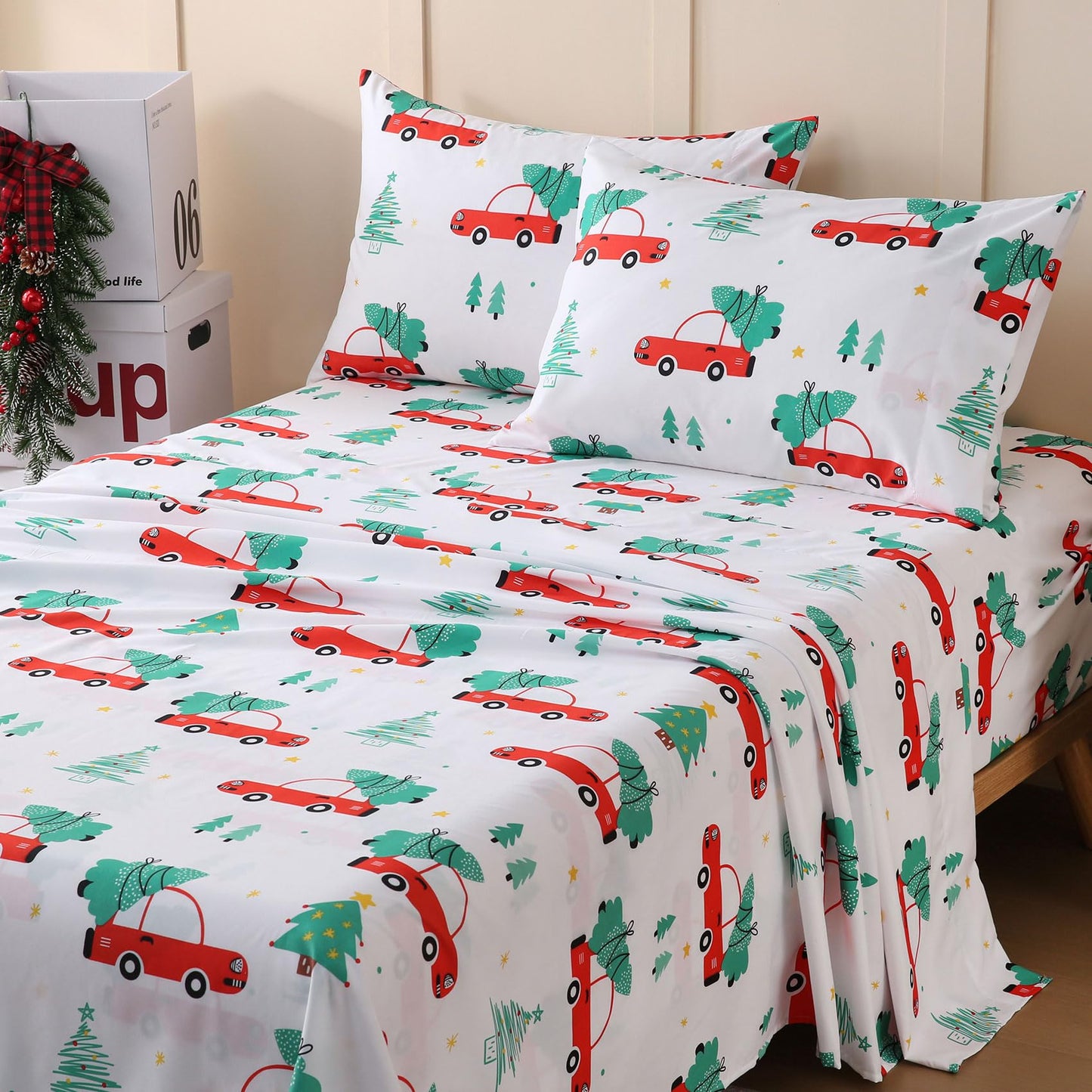 JSD Red Cars Christmas Kids Sheet Set Twin Size, 3 Piece Soft Holiday Printed Microfiber Bed Sheets Deep Pocket