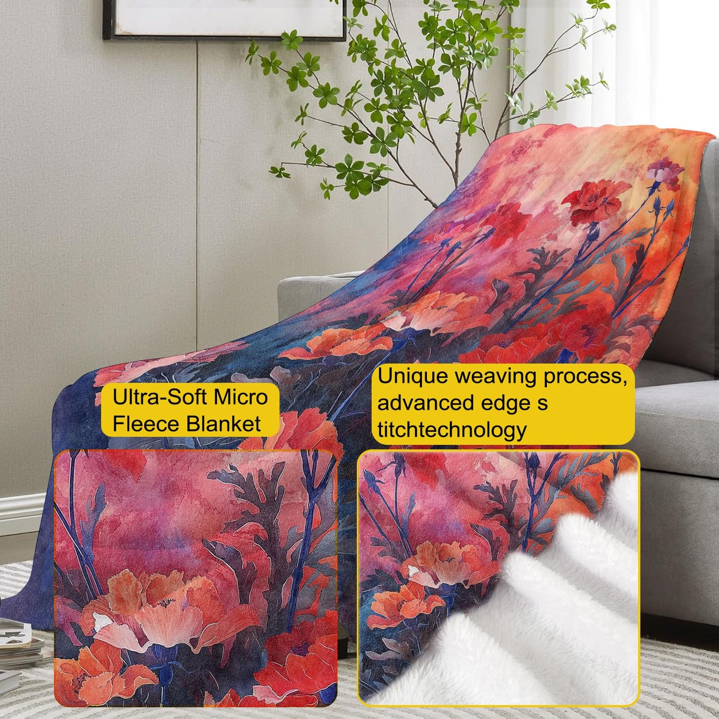 VANZEV Vibrant Carnations Painting Blanket, Floral Art Flannel Throw Blankets,Soft Warm Lightweight Cozy Plush Throws for Bedroom Sofa Office Home Decor Gifts for Women Girls 60"x50"