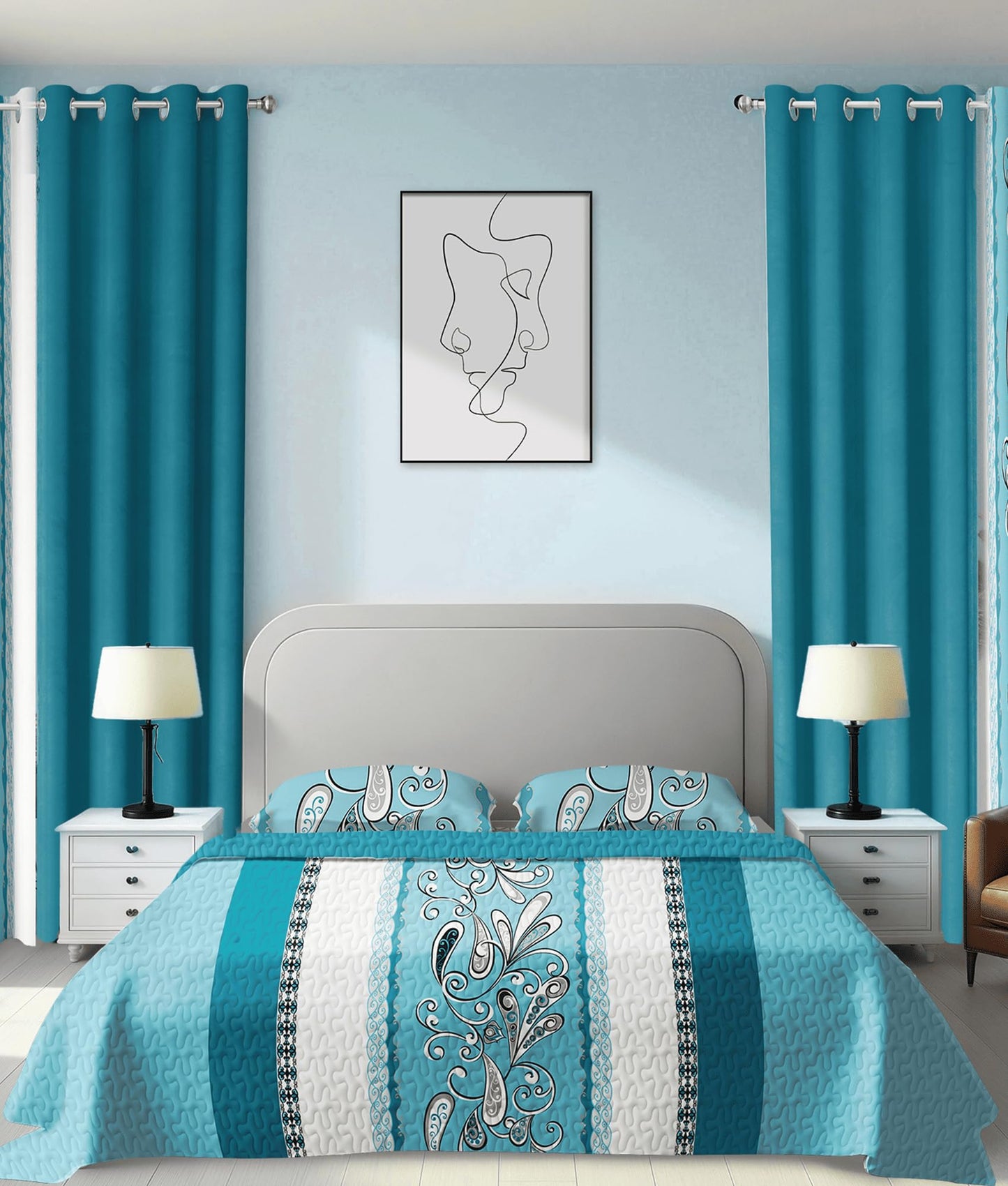 CozyCreatures Vintage Boho Mint Blue King Light Comforter Set, 9-Piece Bed in a Bag with Curtains, Brushed Microfiber Bedspread Set with Matching Curtains for Master Bedroom, Machine Washable