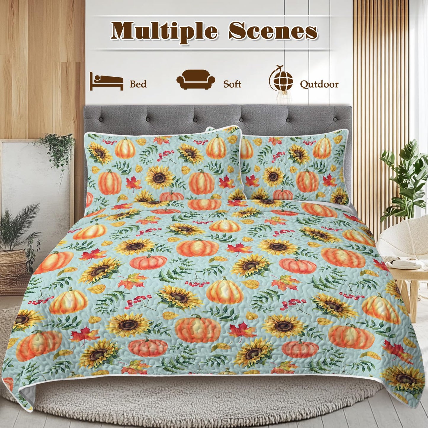 BlessLiving Fall Bedding King Size: Soft Microfiber Lightweight Blue Orange Pumpkin Quilt Set 3 Piece Autumn Bedspread Coverlet for Thanksgiving Bedroom Living Room Decoration
