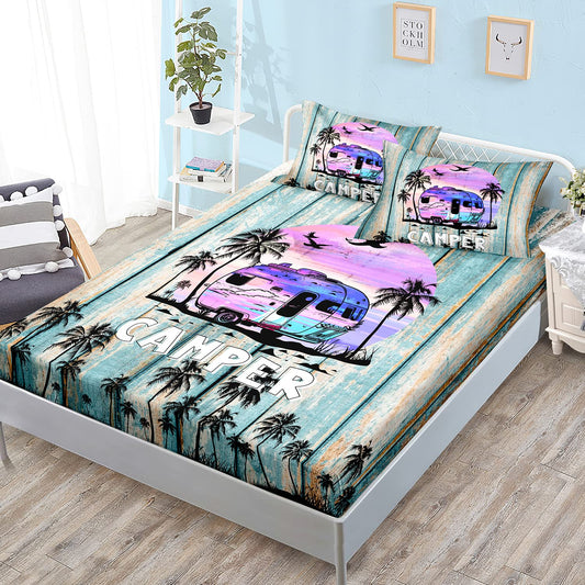 HOSIMA Happy Camping Sheet Sets for Boys, Girls, Teens - Vintage Blue Queen Size for Beach, Seaside, Trailer and RV Travel,1 Fitted Sheet+2 Pillowcases.