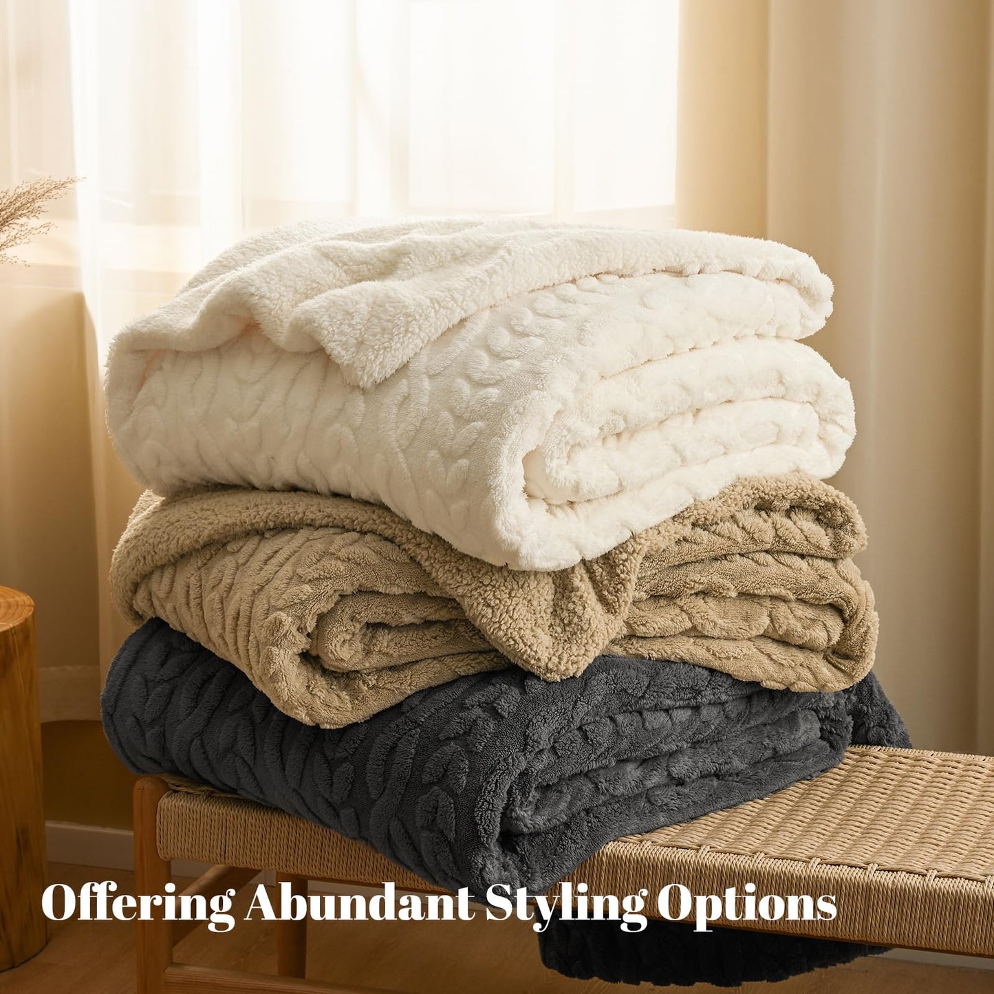 PHF Ultra Soft Sherpa Fleece Blanket Queen Size 90" x 90", 510GSM Fleece Lightweight Yet Warm Blanket for Winter Bed, No Shedding, No Pilling, Tufted Jacquard for Luxury Home Decor, Khaki
