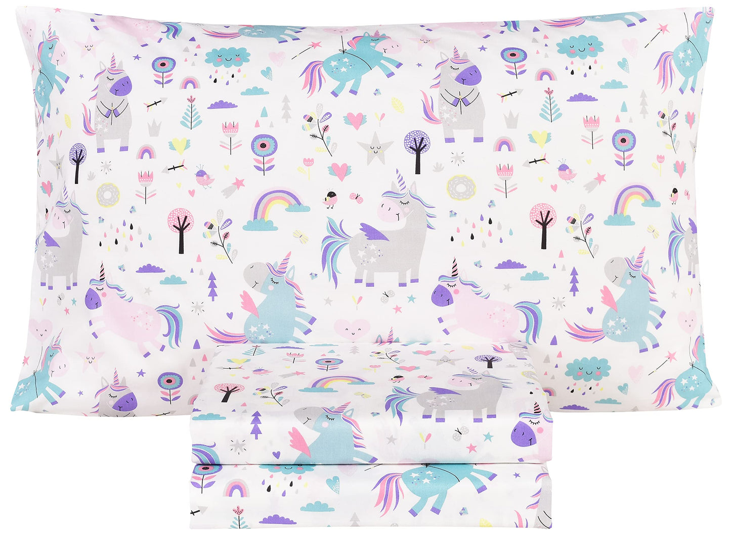 Scientific Sleep Cute Unicorn Flower Rainbow 100% Cotton Cozy Twin Bed Sheet Set, Flat Sheet & Fitted Sheet & Pillowcase Natural Bedding Set (Unicorn, Twin)