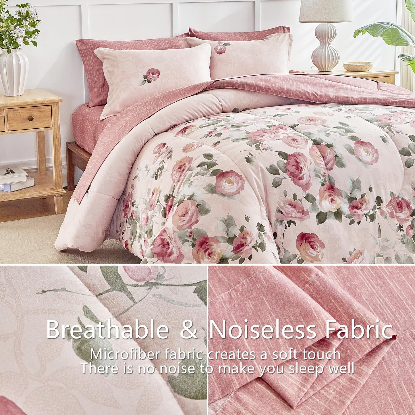 AIKASY Pink Queen Comforter Set with Sheets,Bed in a Bag 7-Pieces,Palm Tree Totem Printing Design,Ultra Soft Down Alternative All Season Bedding Set(Queen, Pink)