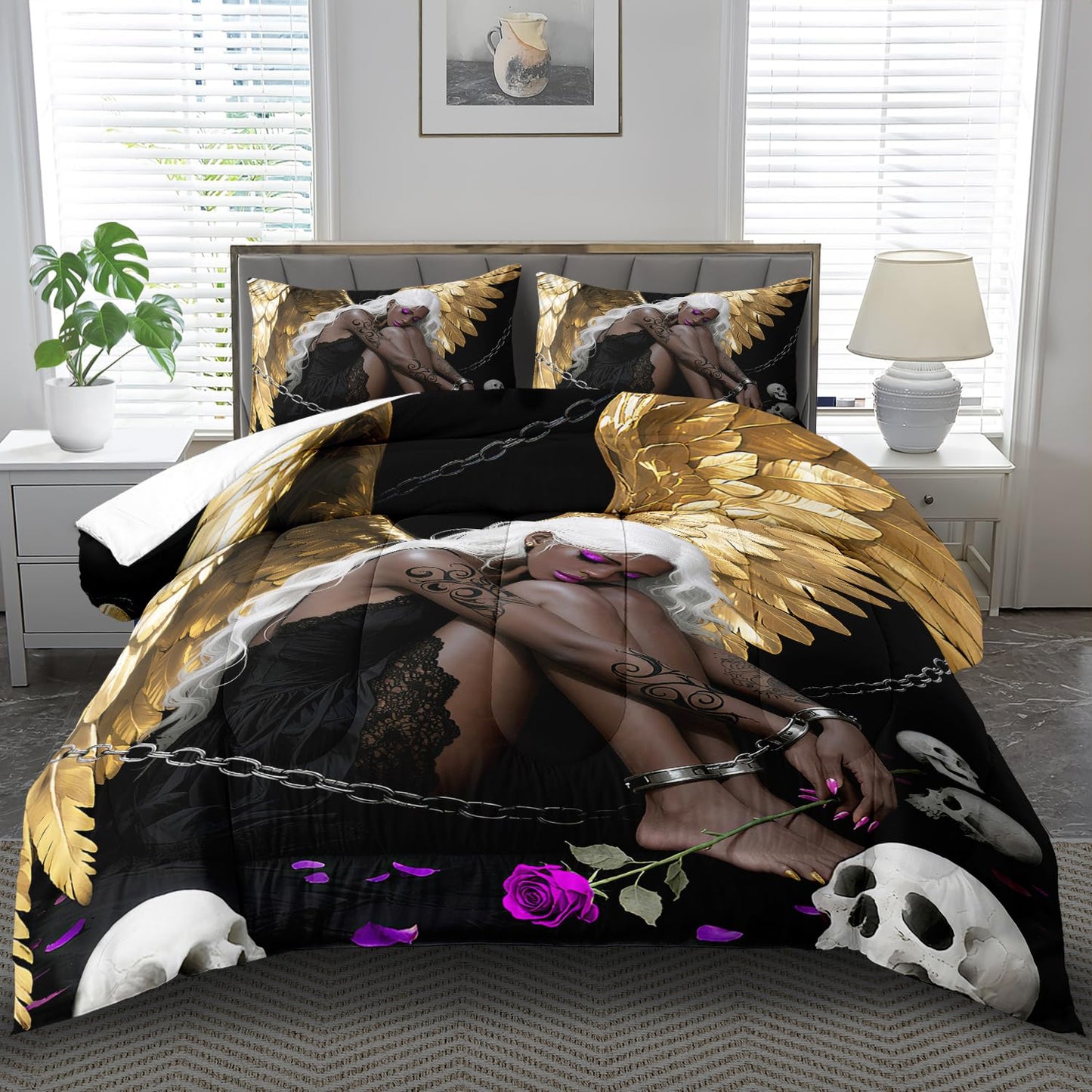 llyxsesty Golden Angel Wings Comforter Set Twin Girls Black Goth Comforter Set Adult Gold Goth Fashion Bedding for Women Angel Wings Bedding Quilt Skull Decor for Home Elegant Home Decor Bedroom