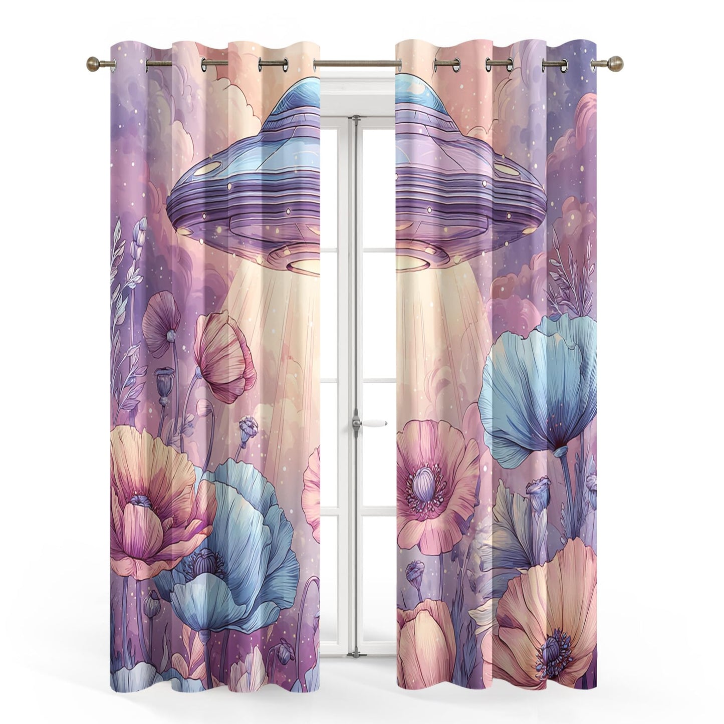 Spaceship UFO Curtains Blackout, 39 Inch - Sci Fi Floral Spacecraft Curtains for Home Decor, Kitchen, Bedroom, Spaceship UFO Room Decor Grommet Window Drapes, 2 Panels Set 27.5x39 U569