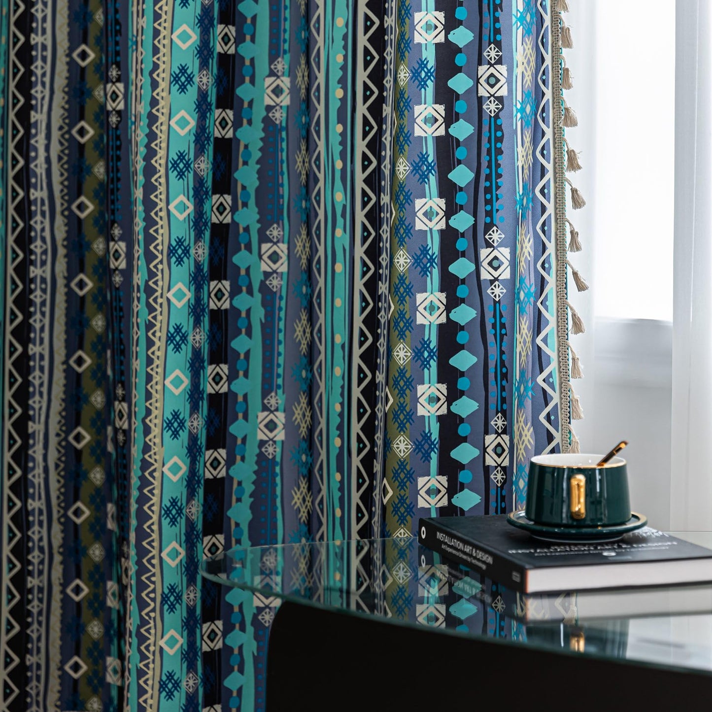 Erbnaryx Navy Blue Geometric Curtains 72 Inches Long, Boho Farmhouse Light Filtering Rod Pocket Drapes with Tassel Trim for Bedroom Living Room, 2 Panels