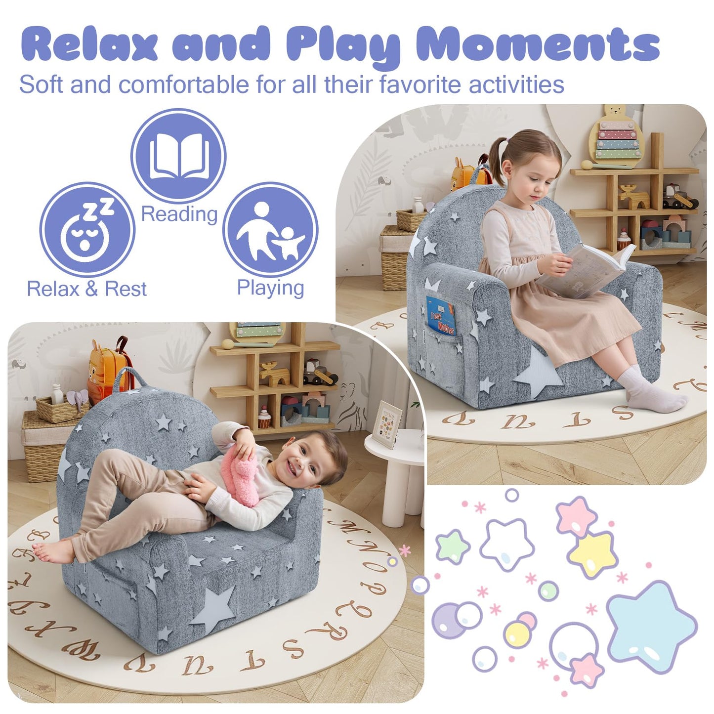 MeMoreCool Comfy Kids Chair for Ages 3+, Glow Star Kids Reading Chair, Soft Plush Kids Armchair, Cozy Foam Kids Armchair for Kids Room, Living Room, Playroom, Reading Nook