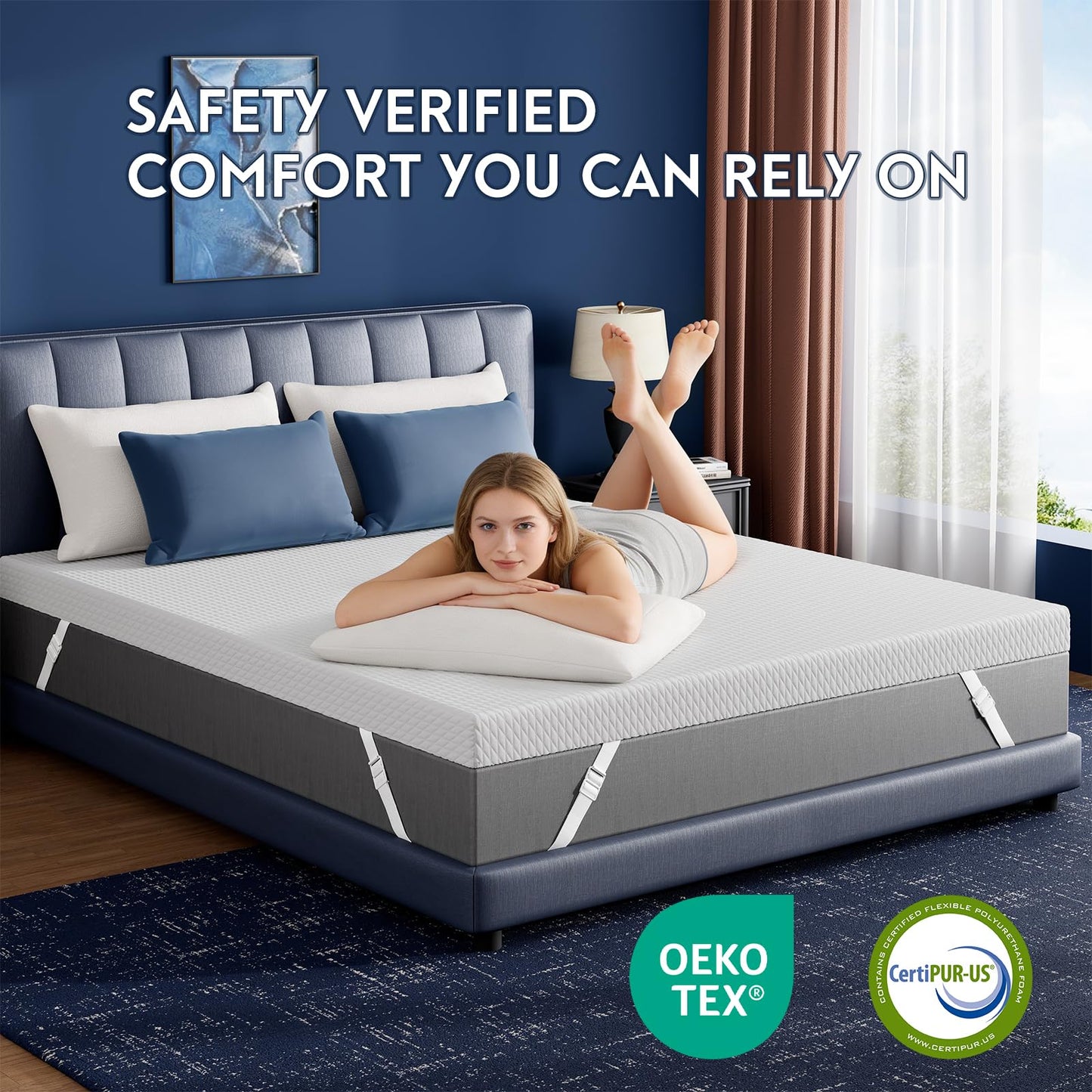 2 Inch Cooling Gel Memory Foam Mattress Topper King - Cooling Ice Silk Removable & Washable Cover, Mattress Topper for Back Pain Relief, Adjustable Strap & Non-Slip, CertiPUR-US Certified