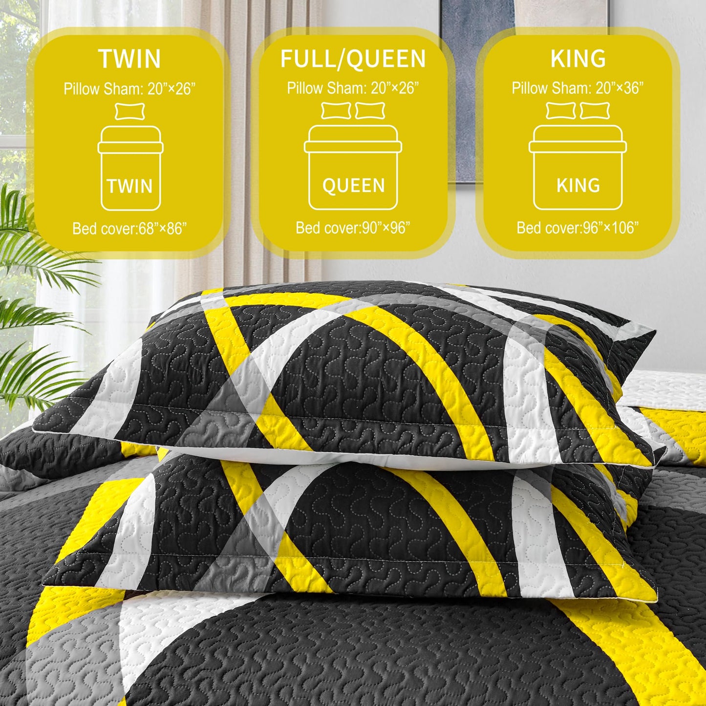 weesire Black and Yellow Bedding Quilt King Size with 2 Shams, Modern Stripe Comforter Sets Classic Line Pattern Bedspreads Grey and Yellow Coverlet, 96''x106''
