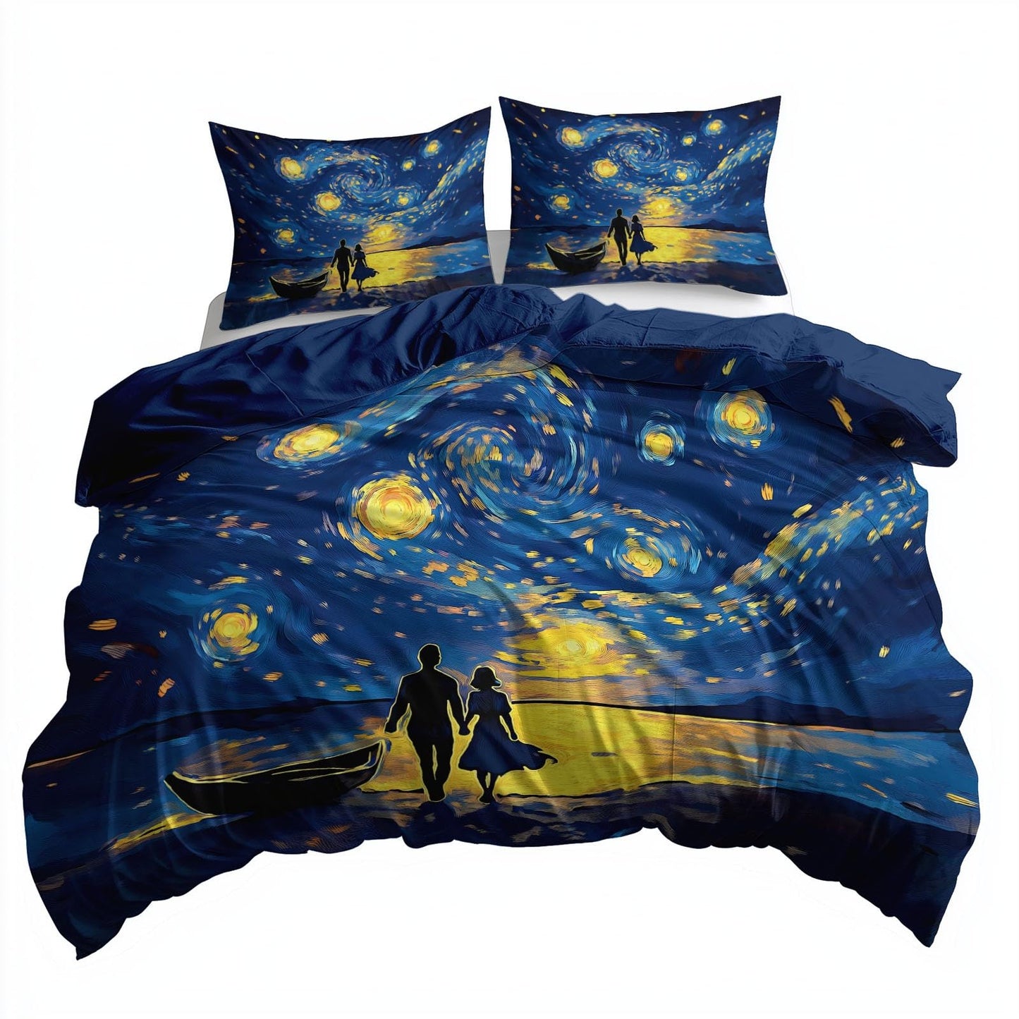 Twin Duvet Cover Set Oil Painting Couple Seaside Soft Microfiber Reversible Comforter Bedding Cover with Zip Tie, Lightweight Breathable Navy, for Boys Girls Teens
