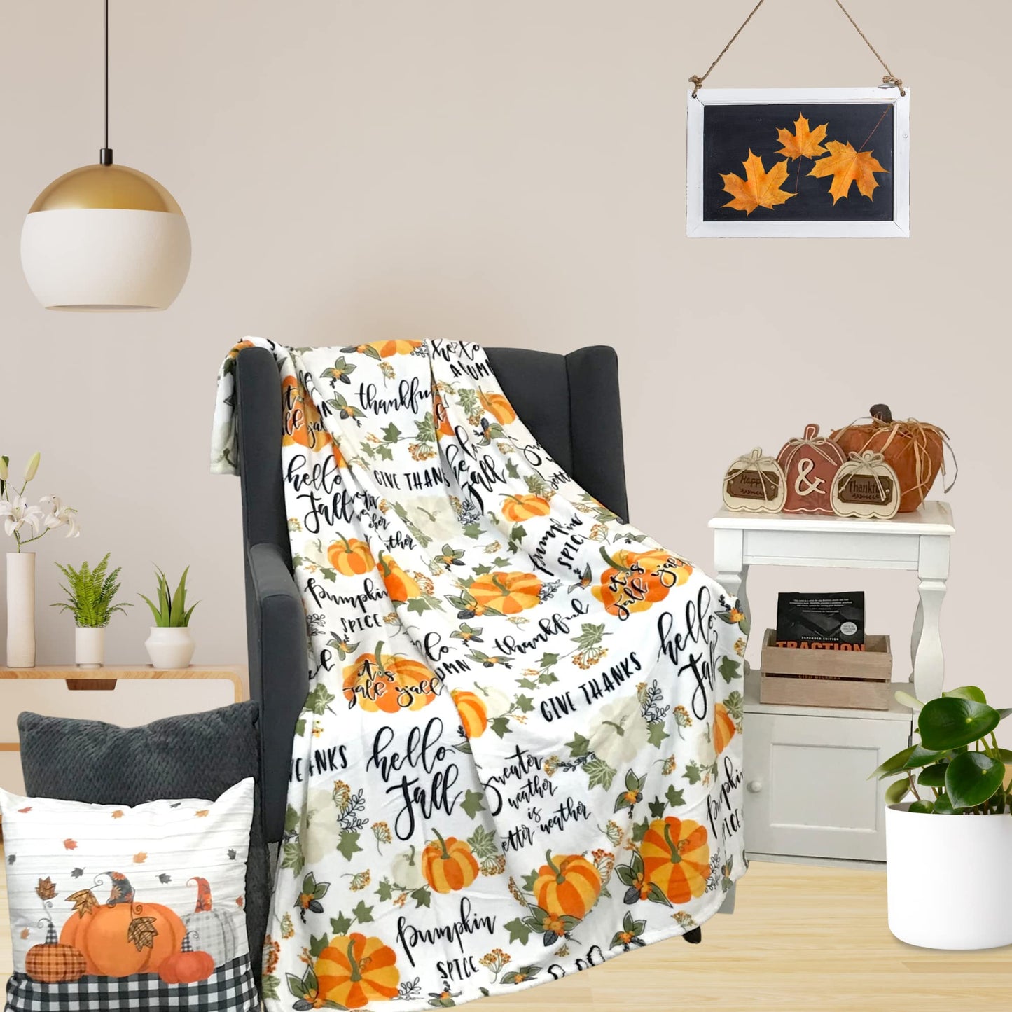 Fall Throw Blanket: Colorful Autumn Harvest Time Saying and Pumpkin Print on Soft White Velvet Fleece for Sofa Bed Couch Chair or Dorm