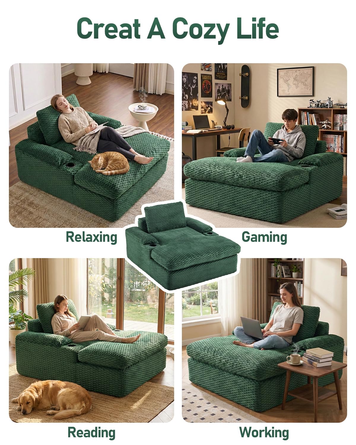 Karl home 59.8" Chaise Lounge Chair Indoor,20.1" Deep Seat, Green