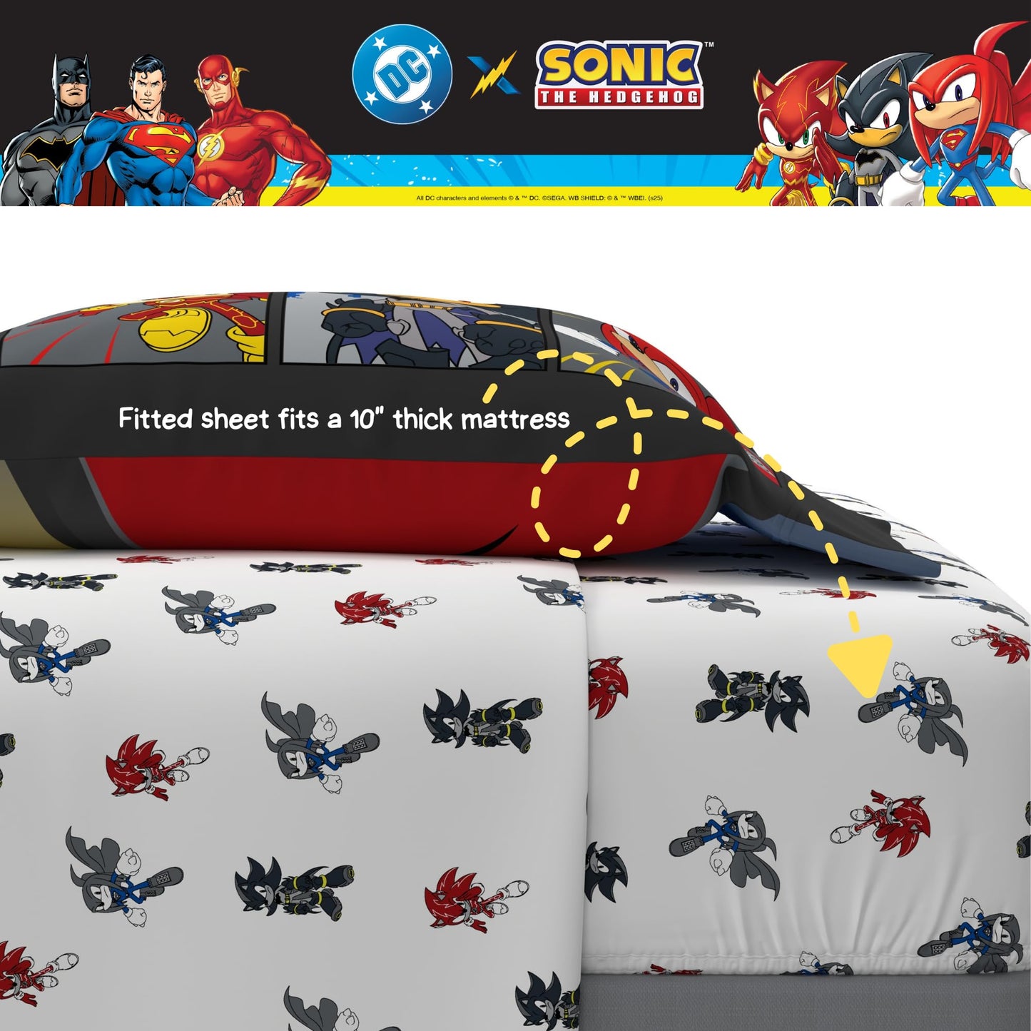 DC x Sonic The Hedgehog Kids Bedding Set, Twin Size, 4-Piece Super Soft Cozy Reversible Comforter & Sheet Set (Officially Licensed Product) by Franco