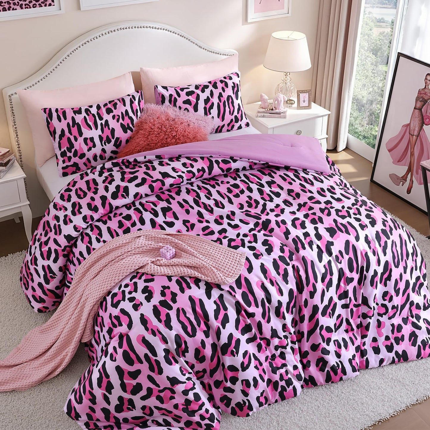 JANZAA Leopard Print Comforter Set King Size - 3 Pieces Animal Cheetah Printed Comforter Set, Cozy Soft Fluffy Pink/Floral Print Bedding Set with 2 Pillowcases for All Season