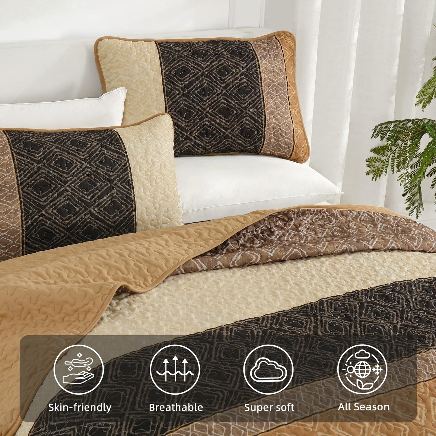 Cottolester Fall Quilt Set Queen Size 3 Pieces,Brown Striped Bedspread,Boho Plaid Bedding Set Soft Microfiber Quilt with 2 Pillow Shams 96"x90"
