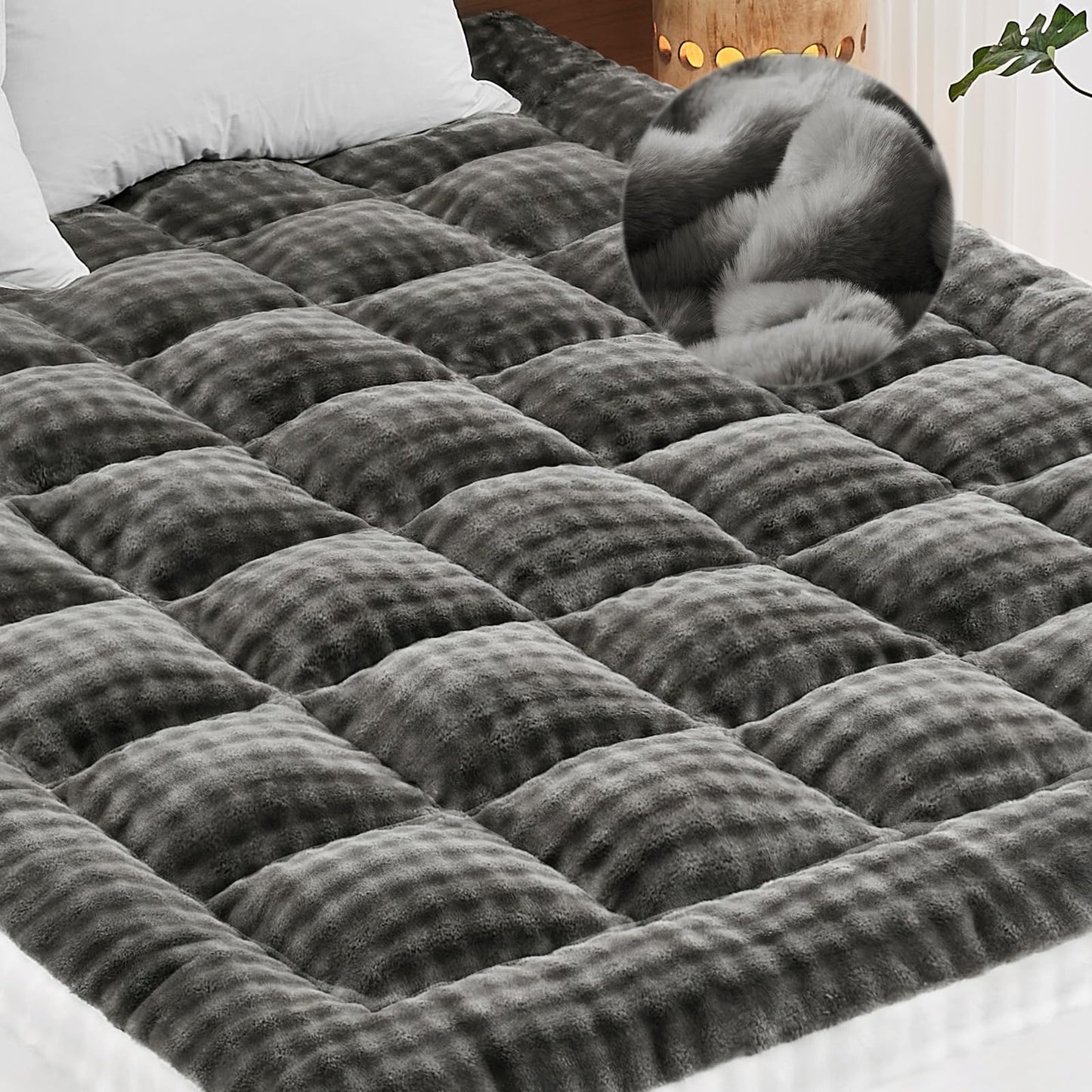 Cymula Full Size Mattress Topper for Winter Fleece Bubble Pillow Top Mattress Pad with 8-21 Inch Elasticated Deep Pockets, Plush Down Alternative Fill Warm Fuzzy Mattress Protector, Grey
