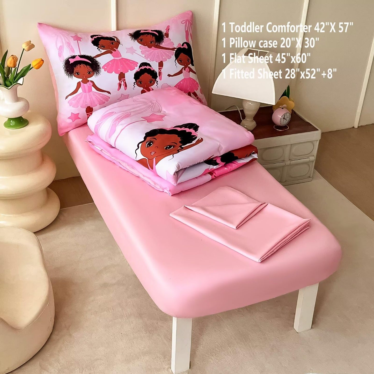 GRAT TIOC 4 Piece Toddler Bedding Set for Girls,Toddler Pink Ballerina Comforter Set,Dancer Princess Toddler Bed Comforter Set Includes Comforter, Flat Sheet,Fitted Sheet,Pillowcas