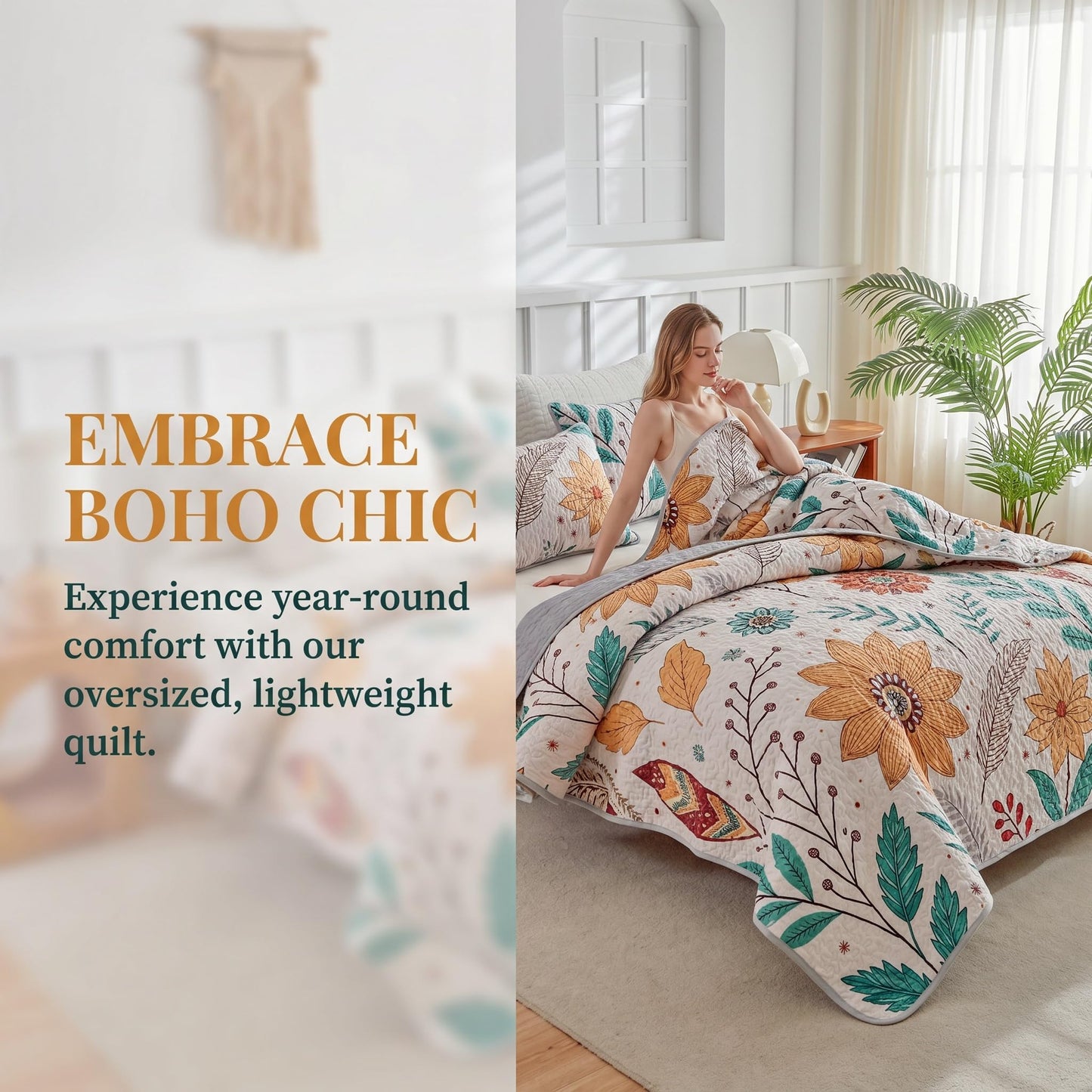 SANOCAY Boho Floral Quilt Set Full Size, 3 Piece Lightweight Summer Bedding Set with 2 Pillow Shams, Soft Reversible Microfiber Bedspread, Farmhouse Coverlet for All Season (Sunflower, Full)