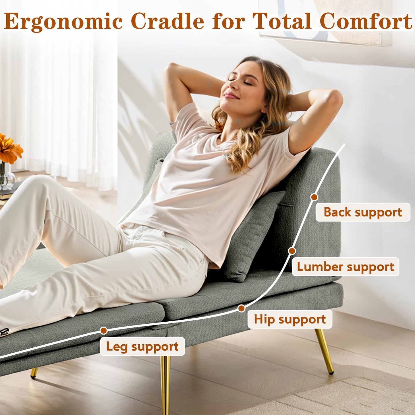 wanan Sleeper Chair, 3-in-1 Chair Bed Sleeper for Adults, Futon Sofa Bed with Back Support & Pillow, Solid Wood Frame & Sturdy Metal Legs for Living Room, Bedroom, Gray