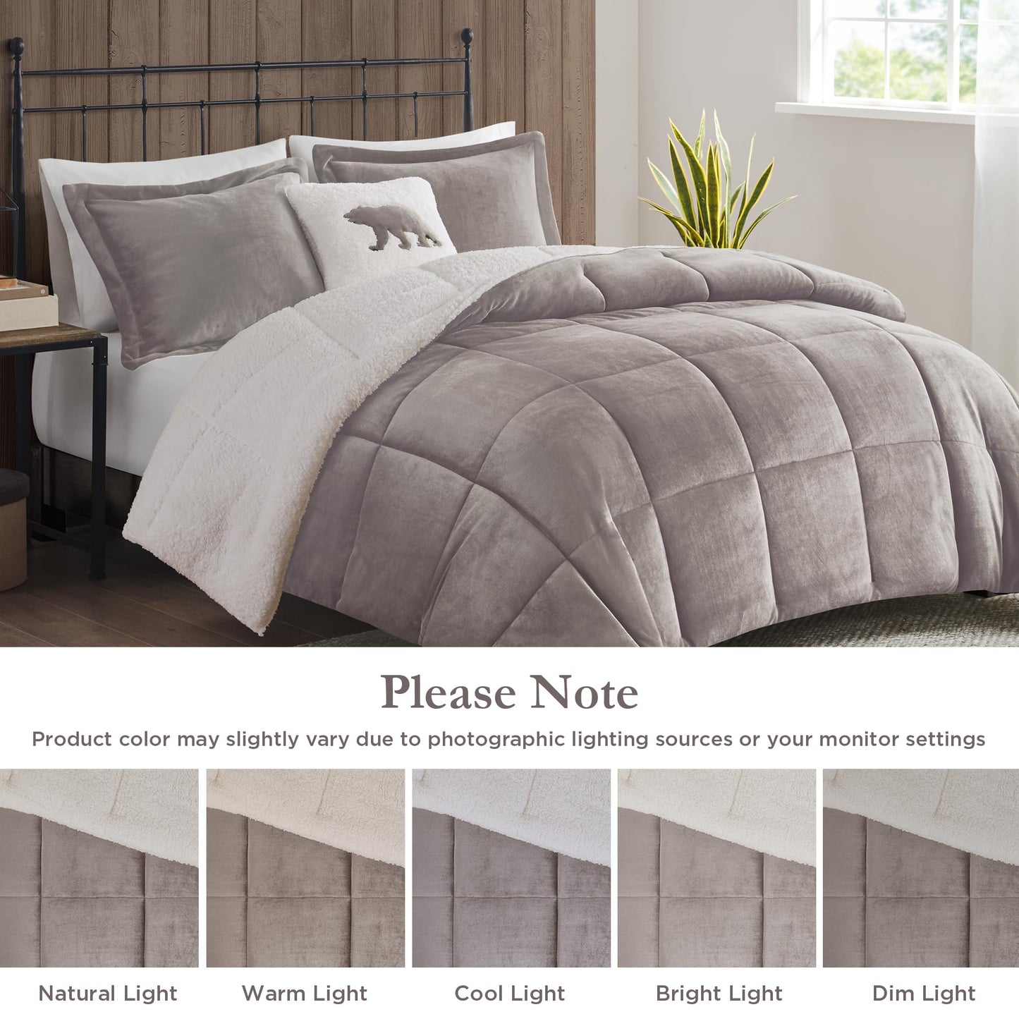Woolrich Reversible Comforter Set Ultra Soft Plush to Sherpa, Down Alternative, Cold Weather Winter Warm Bedding, with Matching Sham, Decorative Pillow Grey/Ivory Full/Queen 4 Piece