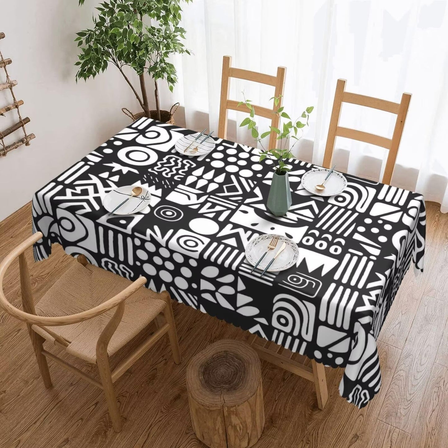 ZEJAYFEY African Rectangle Tablecloth Black White Digital Symbols Table Cloths Minimalist Geometric Tribal Ethnic Washable Table Cover for Home Kitchen Dining Party Picnic Decor 54 x 72 Inch