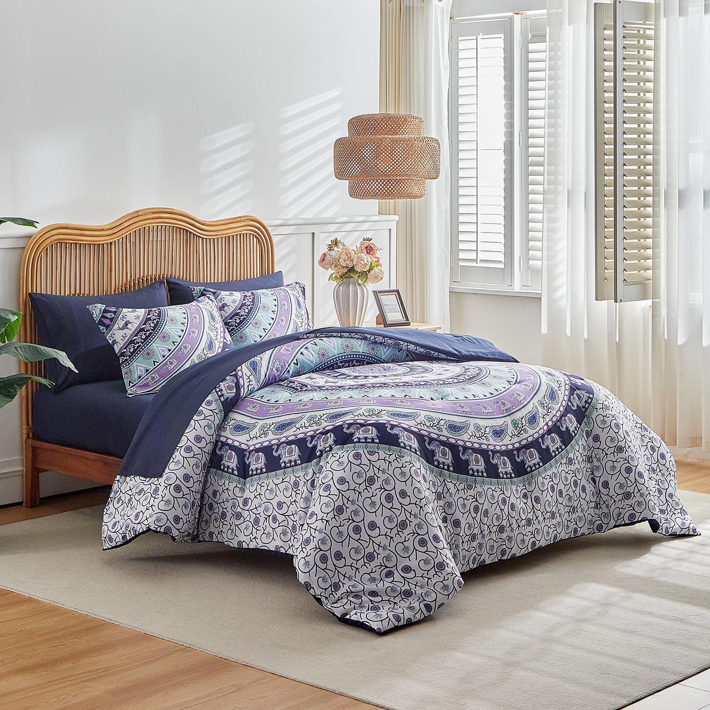 Boho Comforter Sheet Set Bohemian Bed in a Bag Queen Size Bedding Set, Purple Elephant Paisley Circle 7pc Bedding Set (1 Comforter 2 Pillow Shams 1 Pink Flat Sheet 1 Fitted Sheet 2 Pillowcases)