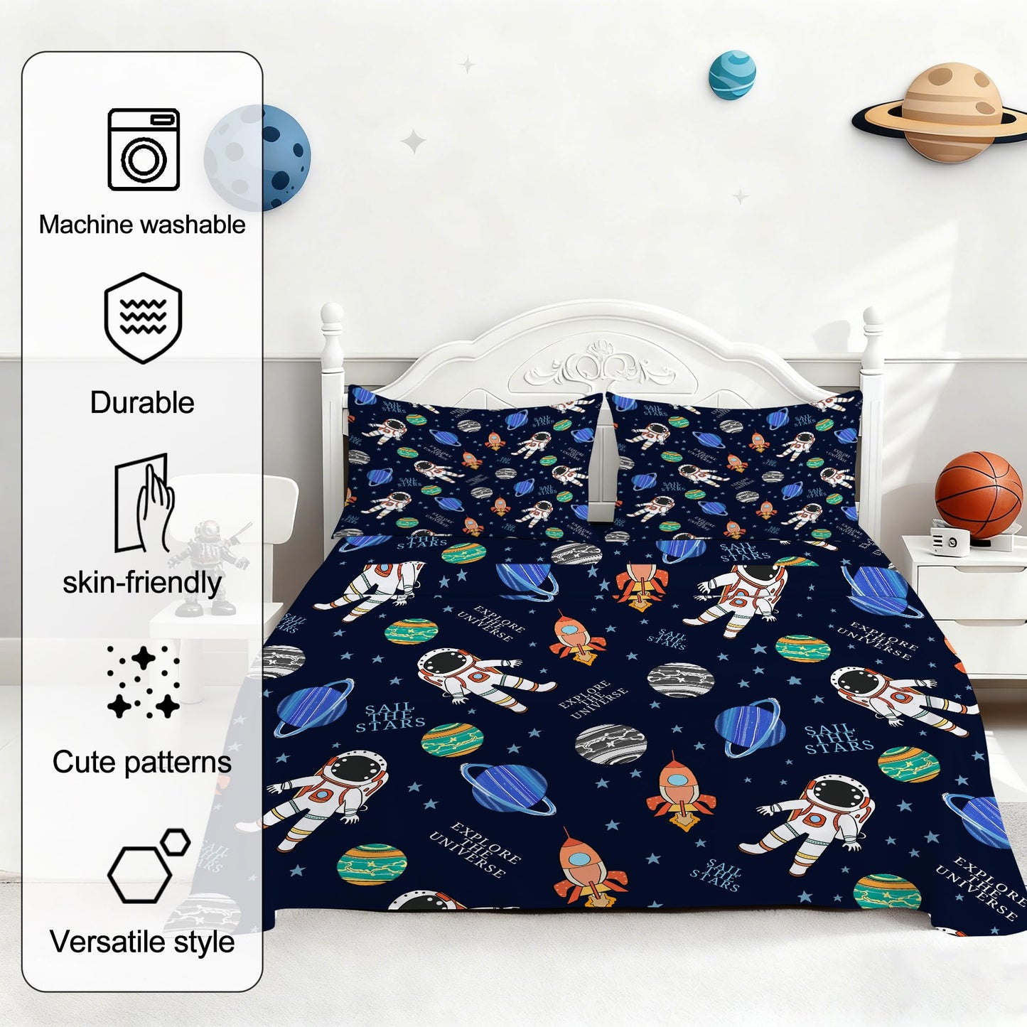 VTKON Navy Blue Space Sheets Set Twin for Boys Bedroom Kids Cartoon Space Rocket Planets Bedding Set with 1 Fitted Sheet, 1 Flat Sheet and 2 Pillowcases