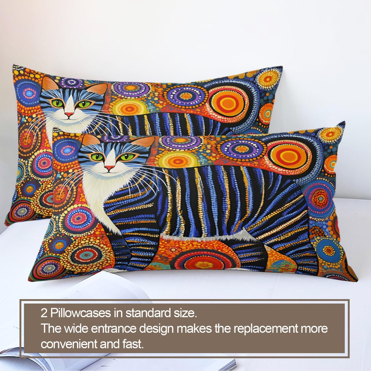 ZAMODE Cat Duvet Cover 90" x 90", Exotic Kitten Bedding Set, Colorful Ethnic Cats Comforter Cover with Zipper Ties