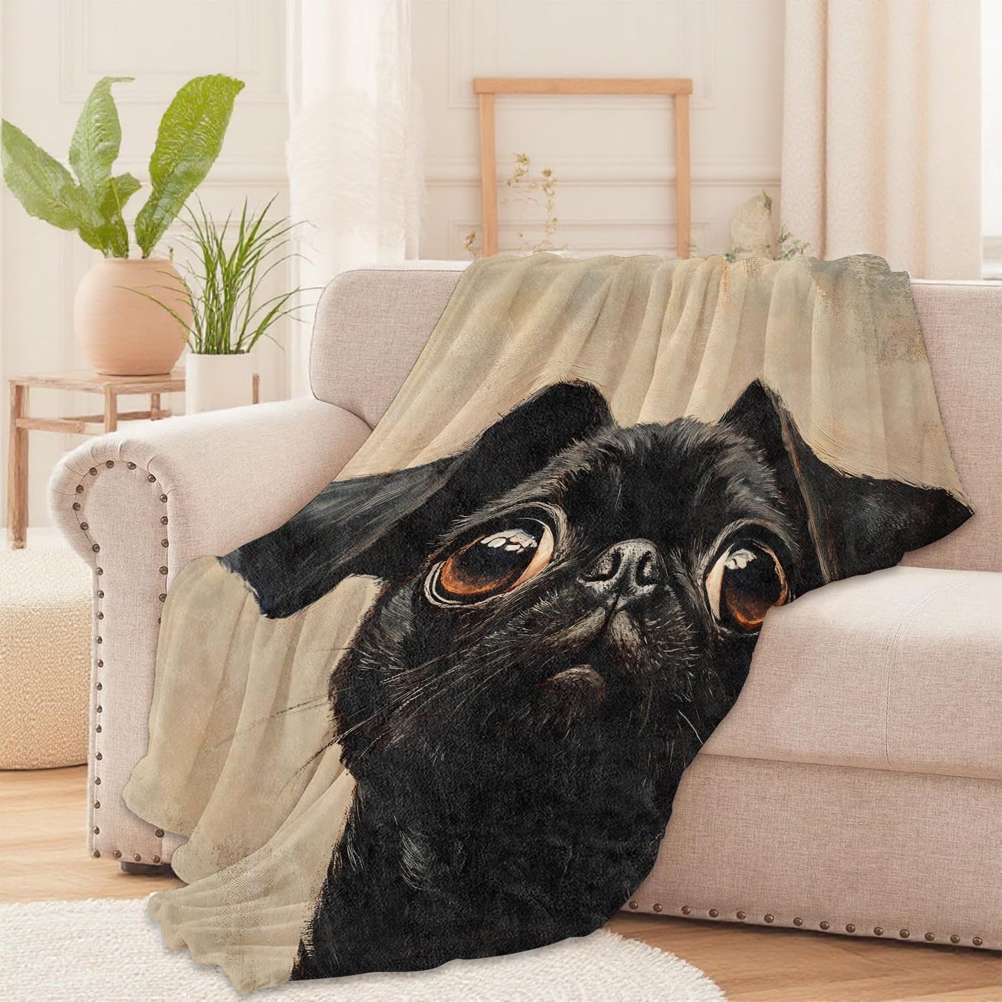 Black Pug Dog Throw Blanket for Boys Girls Kids Adults Women, Fuzzy Warm Soft Cozy Flannel Blankets Gifts for Bedroom, Couch, Travel, Home Decor 50x60 in