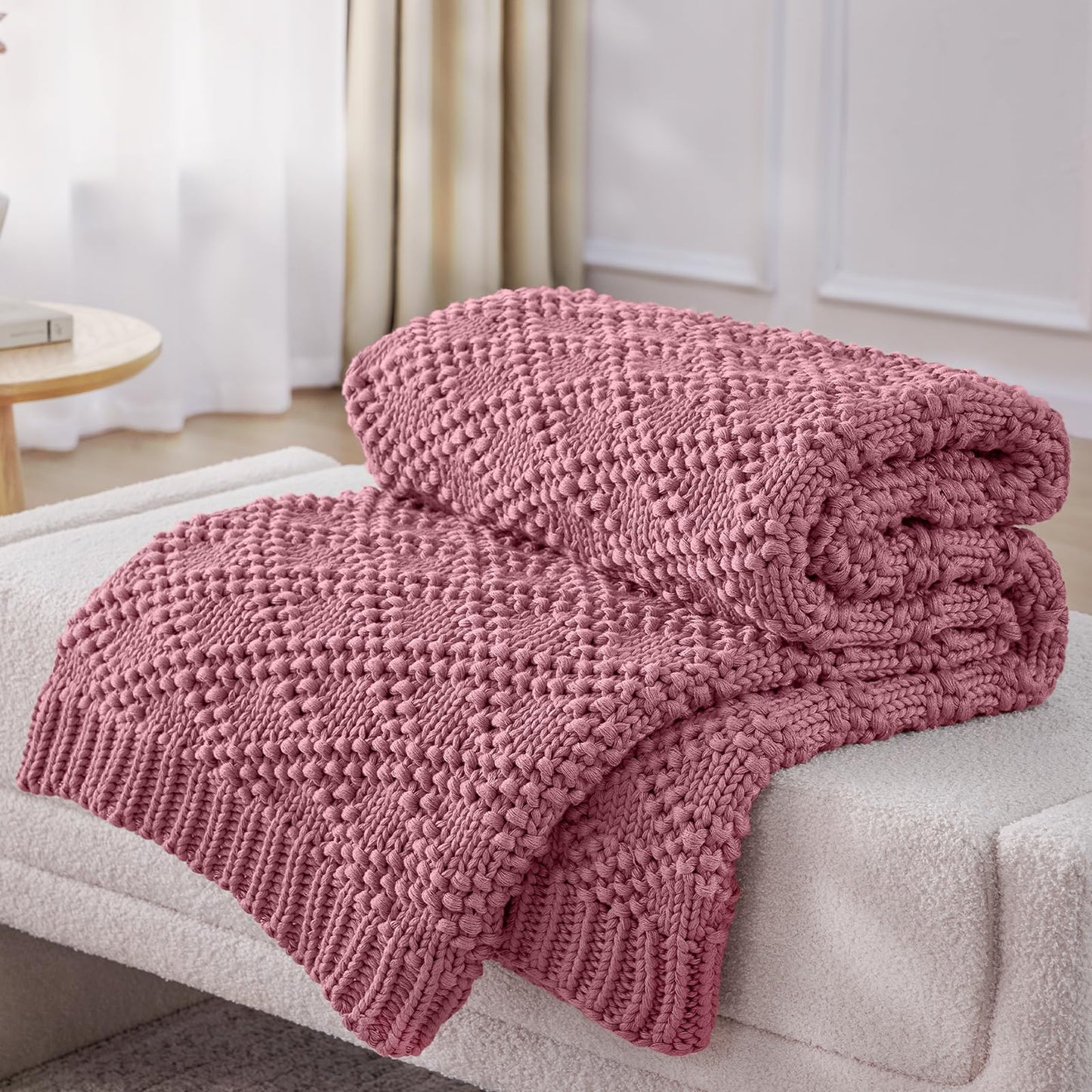 Anysay Knitted Weighted Blanket for Adult, Chunky Knit Weighted Throw for Sleep 60"*80" 20lbs, Cooling Breathable Machine Washable Heavy Blanket for Room Decor (Pink, Queen)