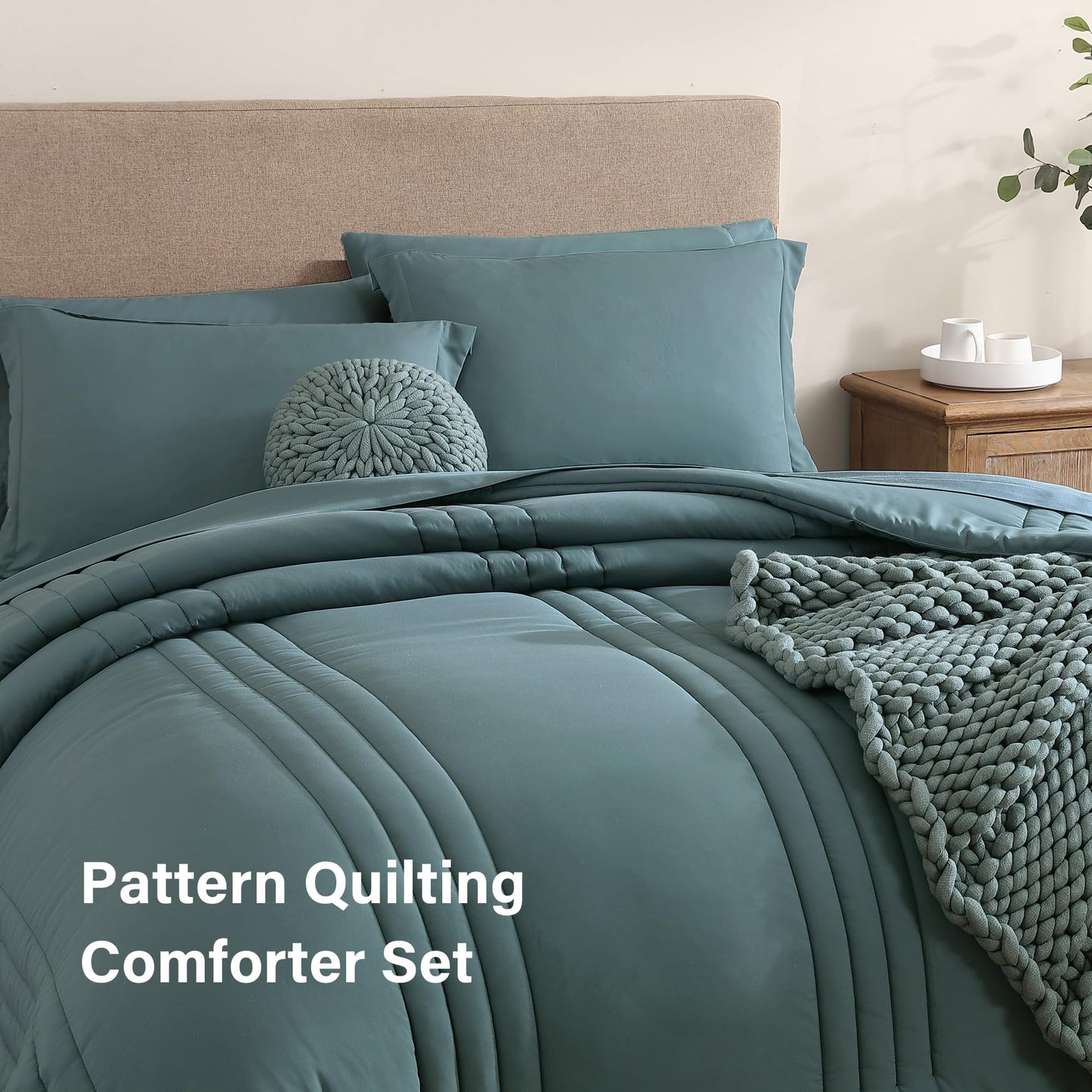 Monbix Queen Comforter Set - 7 Pieces Blue Green Bed in a Bag Queen Bedding Sets with Comforters, All Seasons Comforter Bed Set with Sheets,Pillowcases & Shams