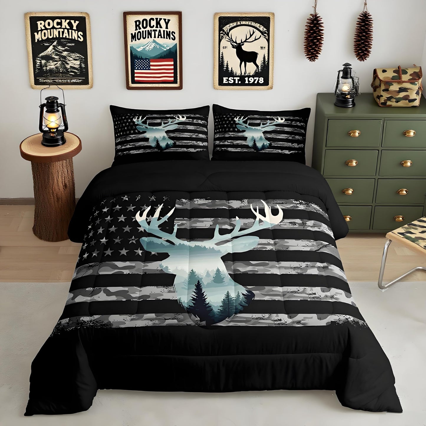 Feelyou Deer Hunting Comforter Set Full, Camo Deer Hunting Bedding Set for Kids Forest Smoky Deer Comforter American Flag Deer Duvet Set with 2 Pillow Case