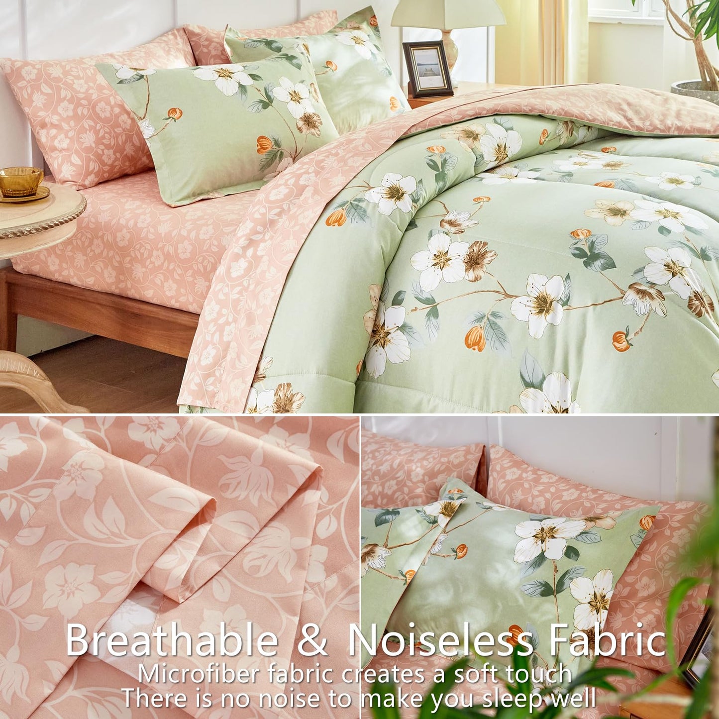 AIKASY 7 Piece Floral Comforter Set King Size - Soft Microfiber Bed in a Bag with Sheet Set for All Seasons - Green Flower Botanical Design - Reversible Bedding Set