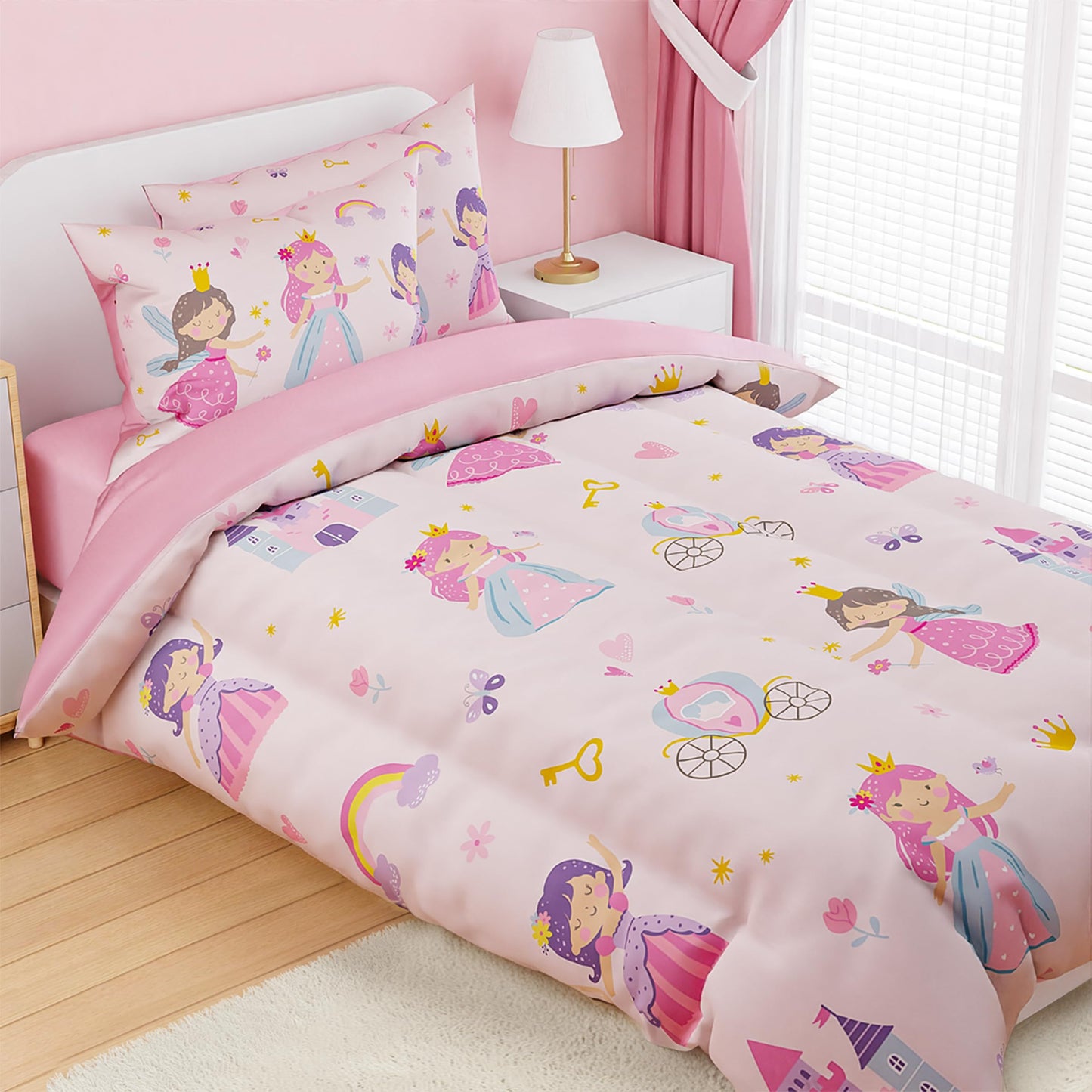SANDJEST Princess Comforter Set Twin Size 68x86in for Kids Girls, Microfiber 3 Pcs Bedding Set Includes 1 Comforter, 1 Pillowcase, 1 Fitted Sheet, Nursery Room Decor