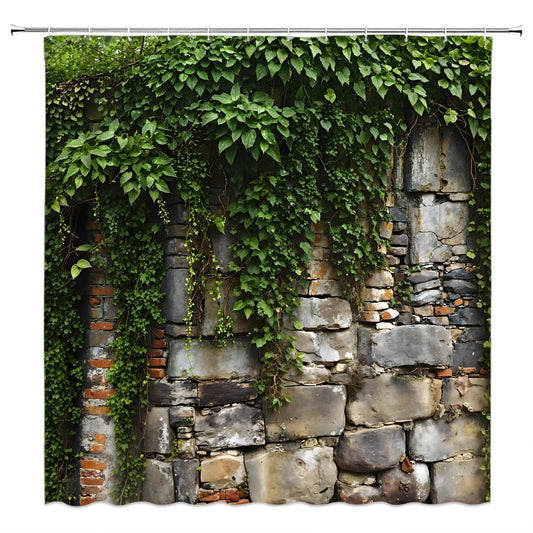 Stone Brick Wall Shower Curtain Ivy Leaves Vines Plant Vintage Rocks Rustic Spring Nature Scenic Fabric Bathroom Decor Sets with Hooks