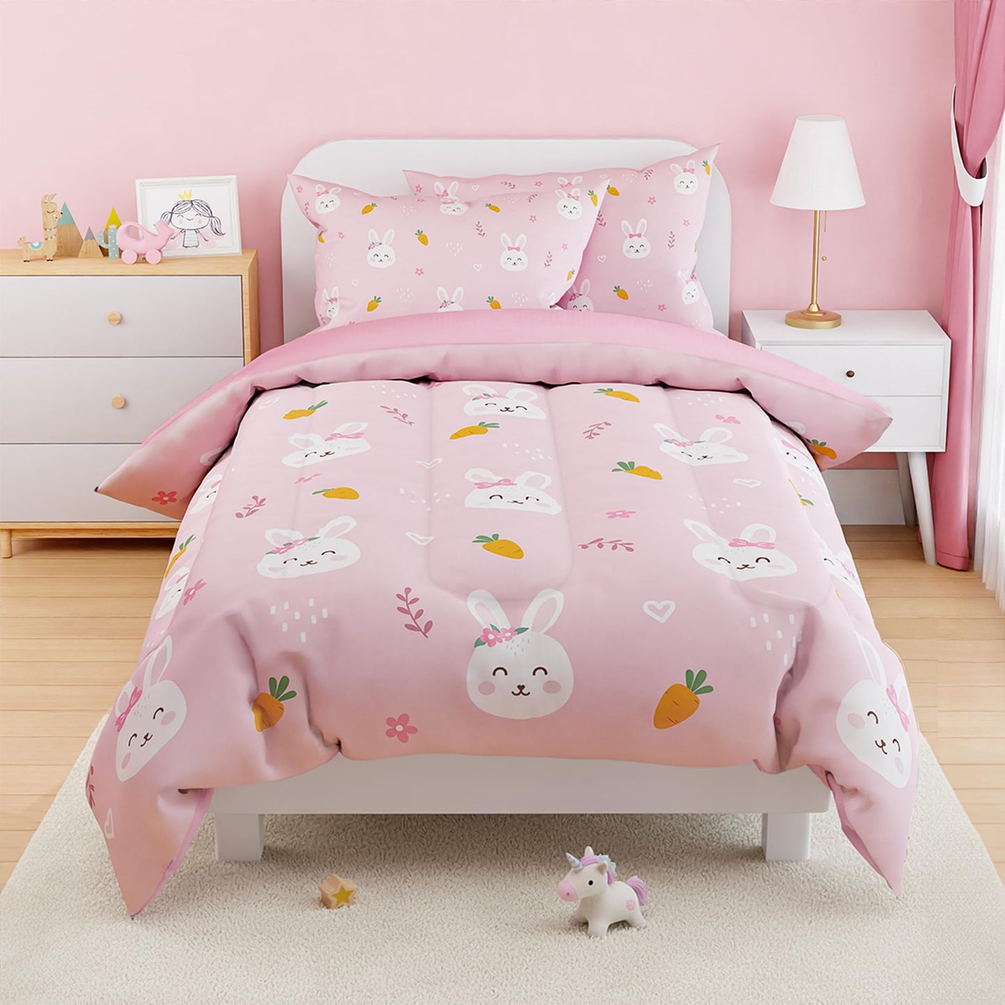 SANDJEST Rabbit Comforter Set Twin Size 68x86in for Kids Girls, Microfiber 3 Pcs Bedding Set Includes 1 Comforter, 1 Pillowcase, 1 Fitted Sheet, Nursery Room Decor