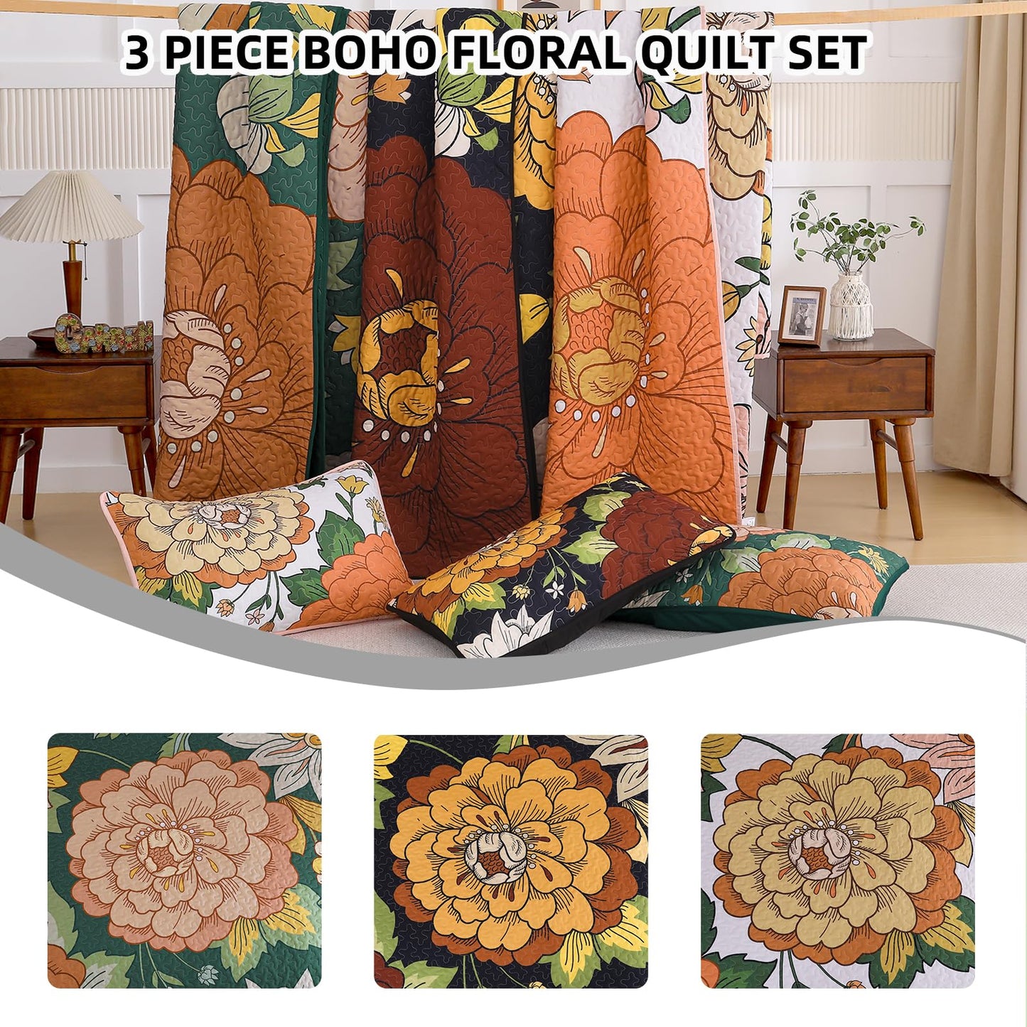 DJY Floral Quilt Set Queen Size Black Boho Bedspread Coverlet Set 3 Pieces, Botanical Quilt Lightweight Microfiber Farmhouse Floral Bohemian Bedding Set with 2 Pillow Shams for All Season (96''x90'')